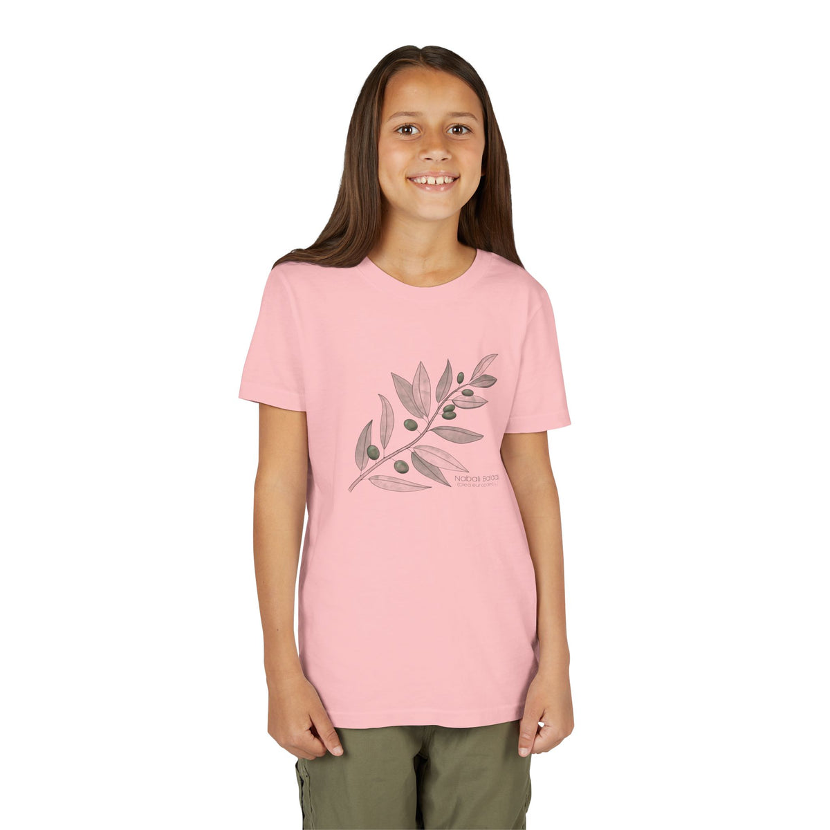 Youth Short Sleeve Tee with Olive Botanical Leaf Design