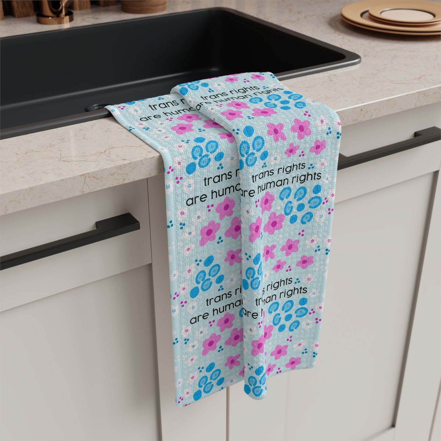 Slightly Subtle Trans Rights Are Human Rights Tea Towel | Trans Pride Floral Microfiber Towel