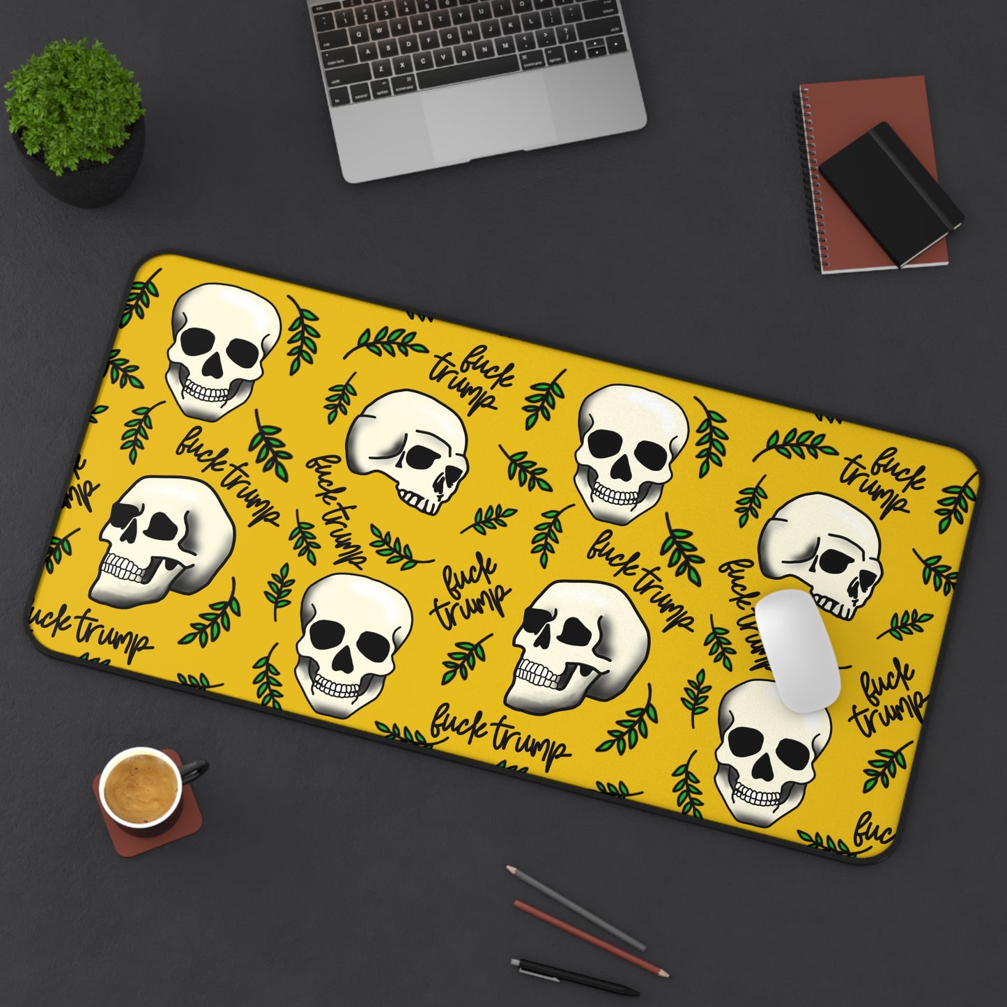 Slightly Subtle Skull Pattern Desk Mat | Skulls on Mustard Background Pet Mat