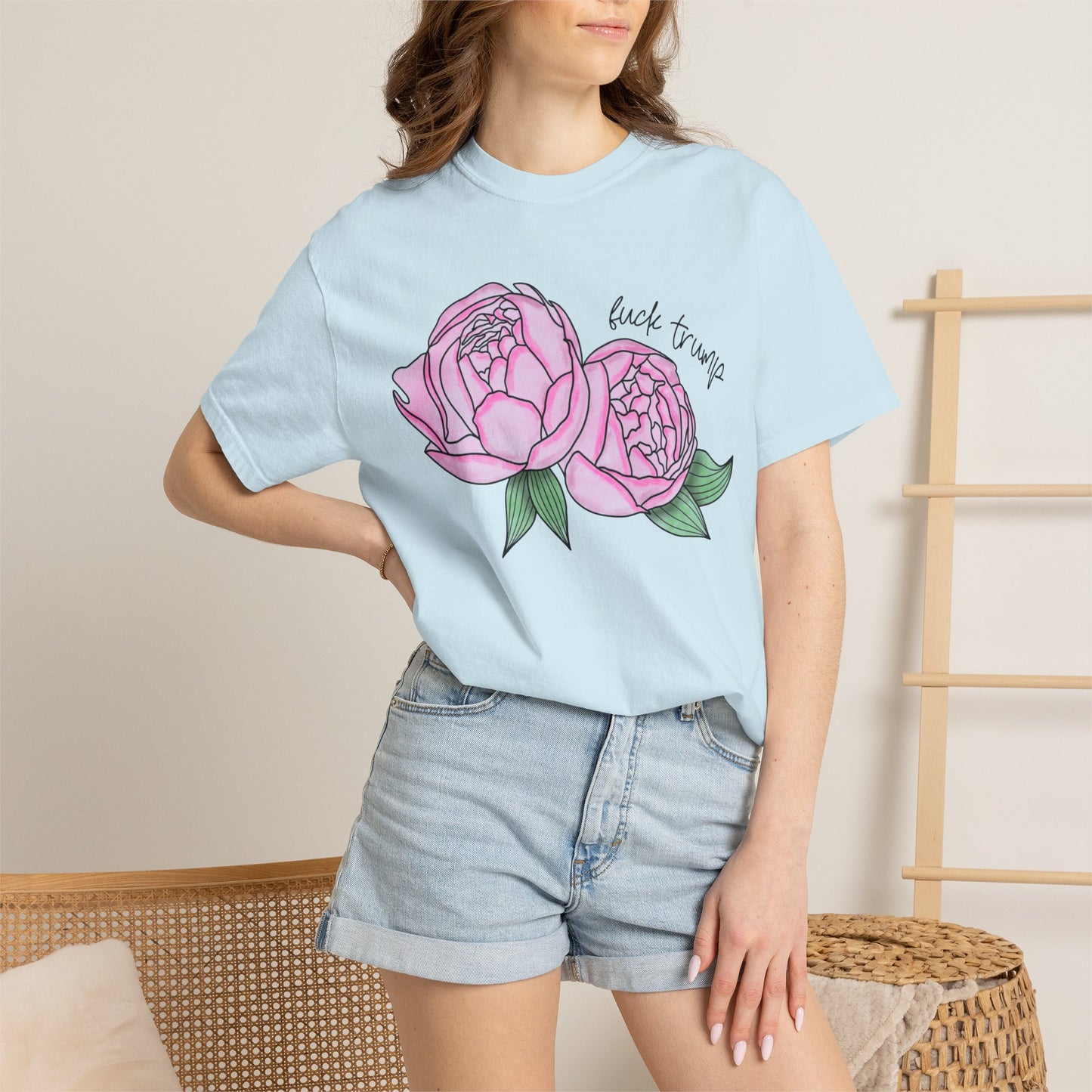Slightly Subtle Pink Peony Floral Illustration T-shirt | Hand-drawn Blooms FDT