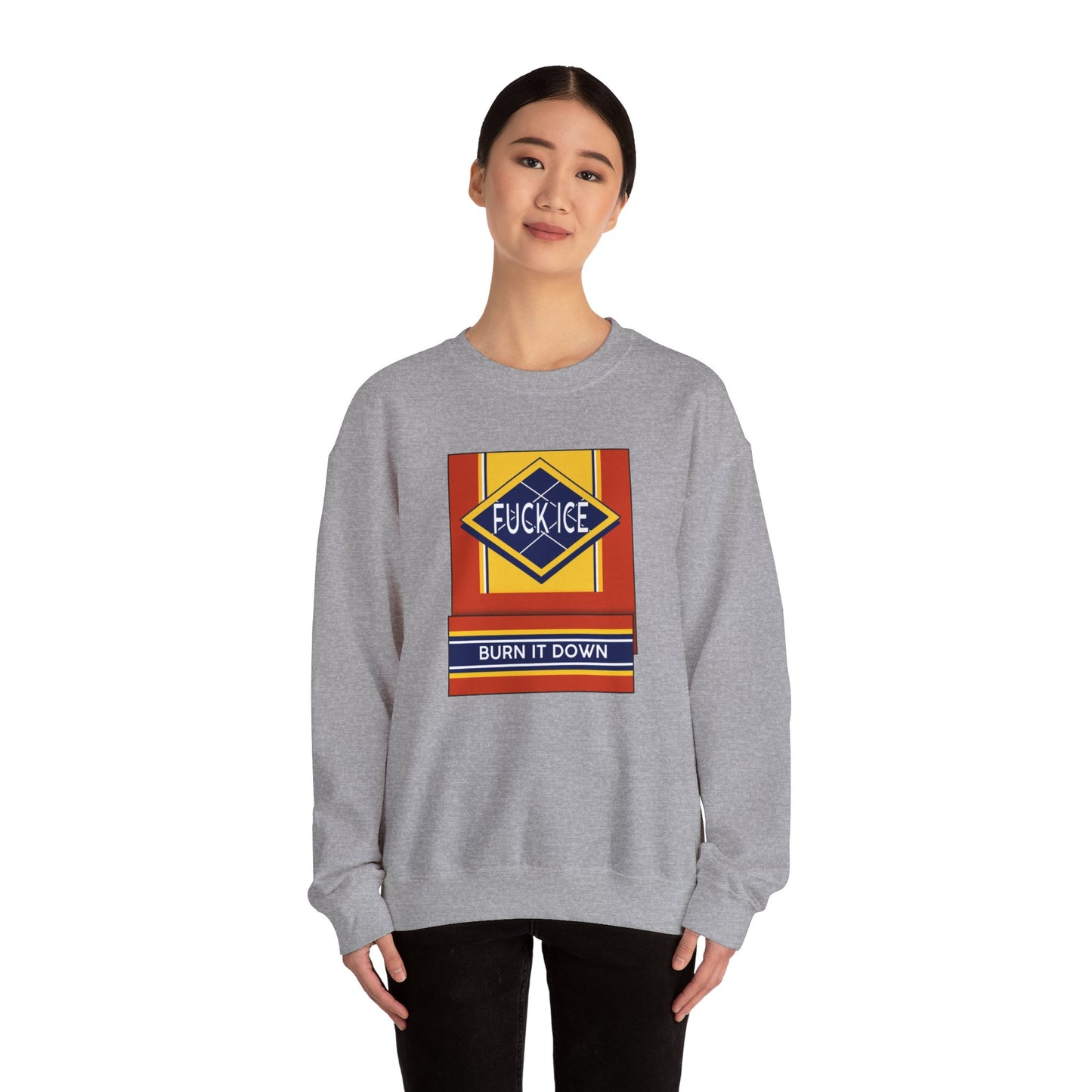 Matchbook graphic crewneck sweatshirt | Burn It Down design, protest slogan