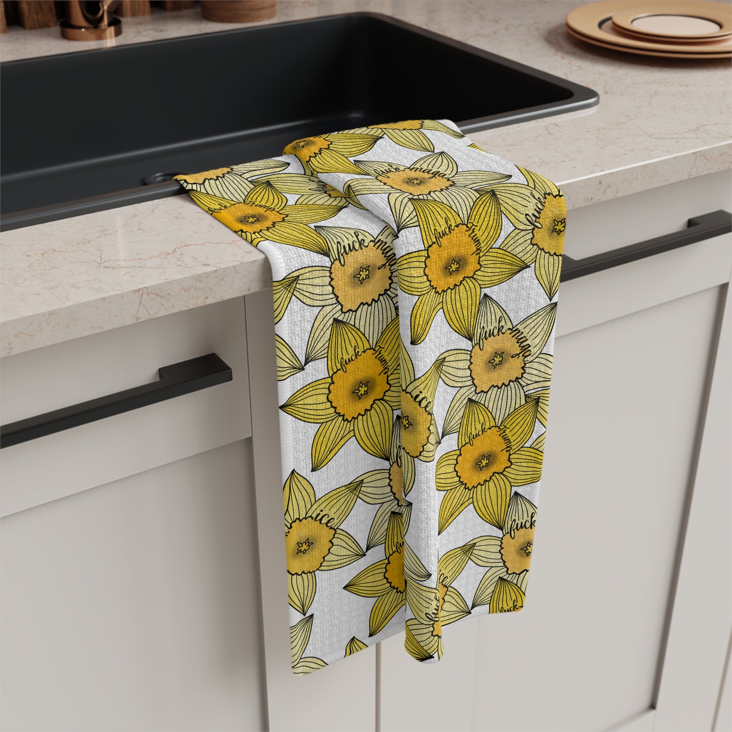 Slightly Subtle Daffodil Pattern Microfiber Tea Towel | Yellow Spring Floral Kitchen FDT ice