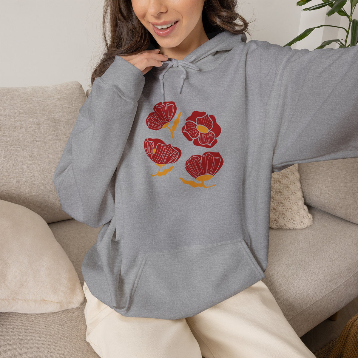 Slightly Subtle Red Poppy Flowers Hoodie | Floral Illustration, Minimal Line Art FDT