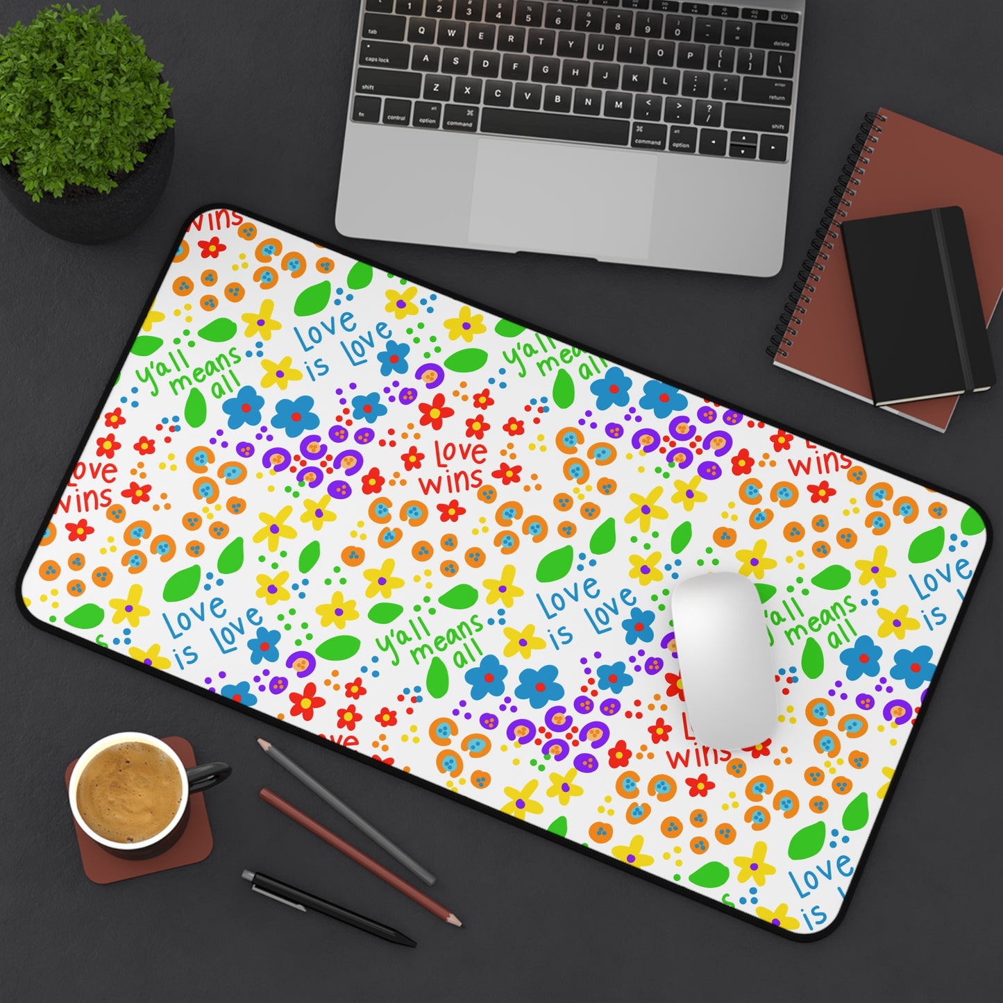 Love Wins Floral Pattern Desk Mat | Rainbow Flowers Pet Food Mat