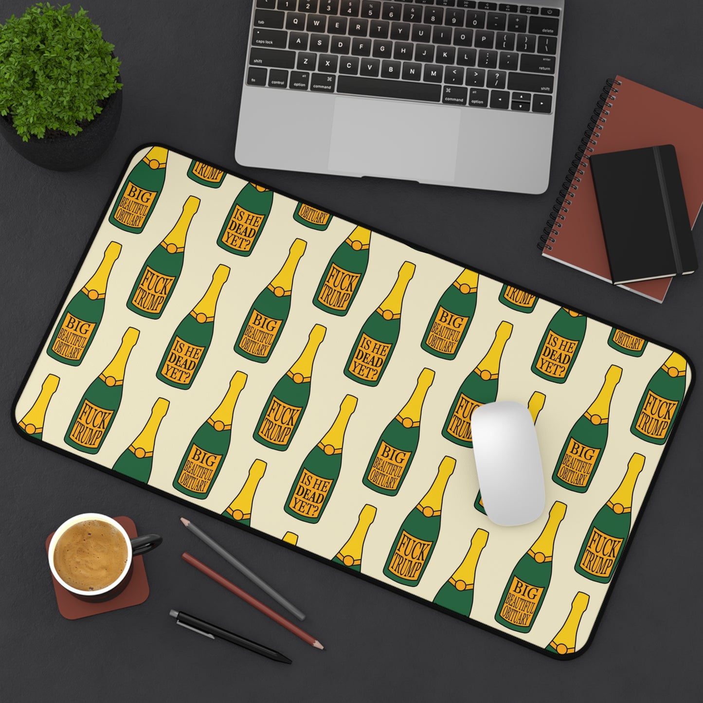 Slightly Subtle Champagne Bottle Pattern Desk Mat | Funny Champagne Pet Food Mat