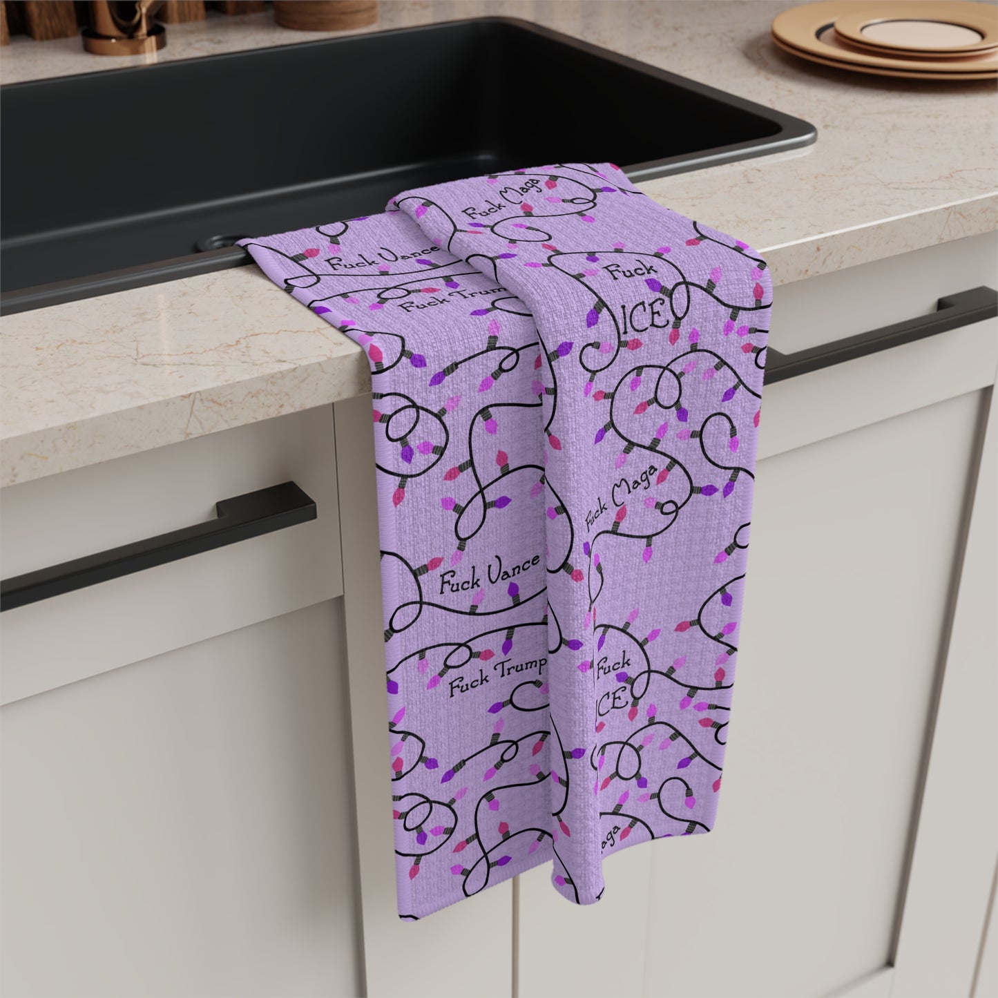 Purple Holiday Lights Microfiber Tea Towel fdt  Christmas Kitchen Towel