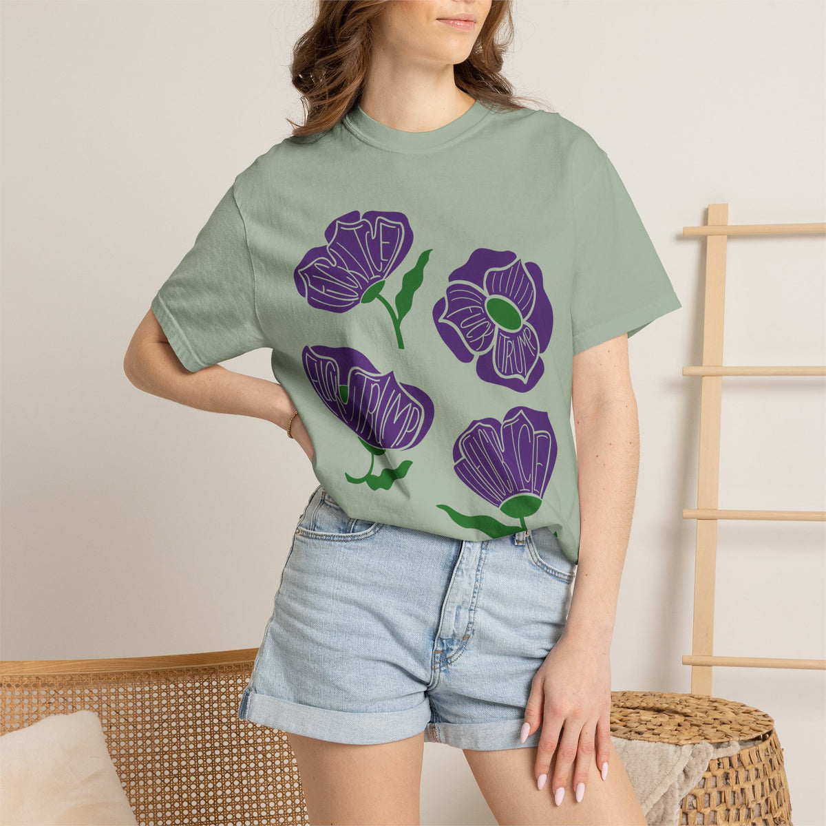 Slightly Subtle Purple Poppy Floral Print T-shirt | Hand-Drawn Flower Illustration FDT