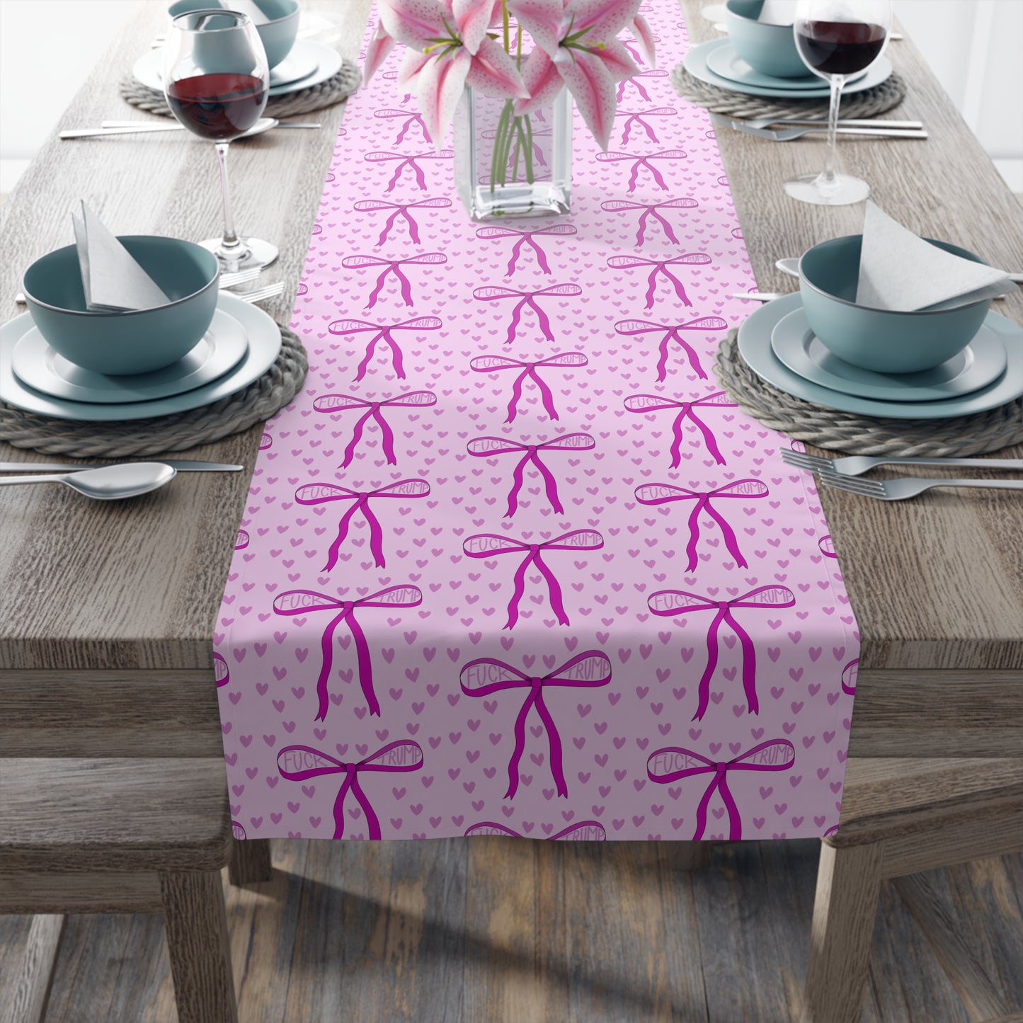 Slightly Subtle Pink Bow Pattern Table Runner | Valentine Hearts Cotton-Poly Table Decor