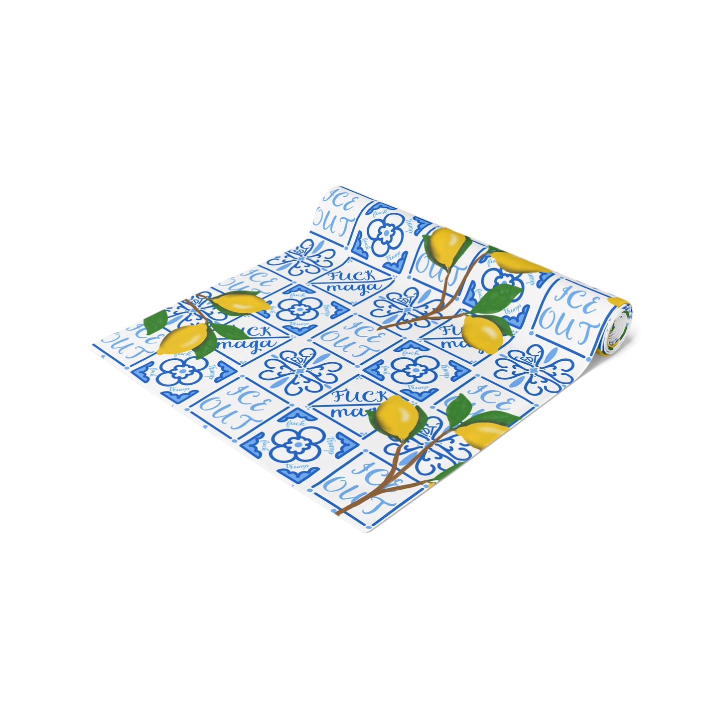 Amalfi Lemon and Blue Tile Pattern Table Runner | Mediterranean Ceramic Blue Motif, Cotton-Poly Blend