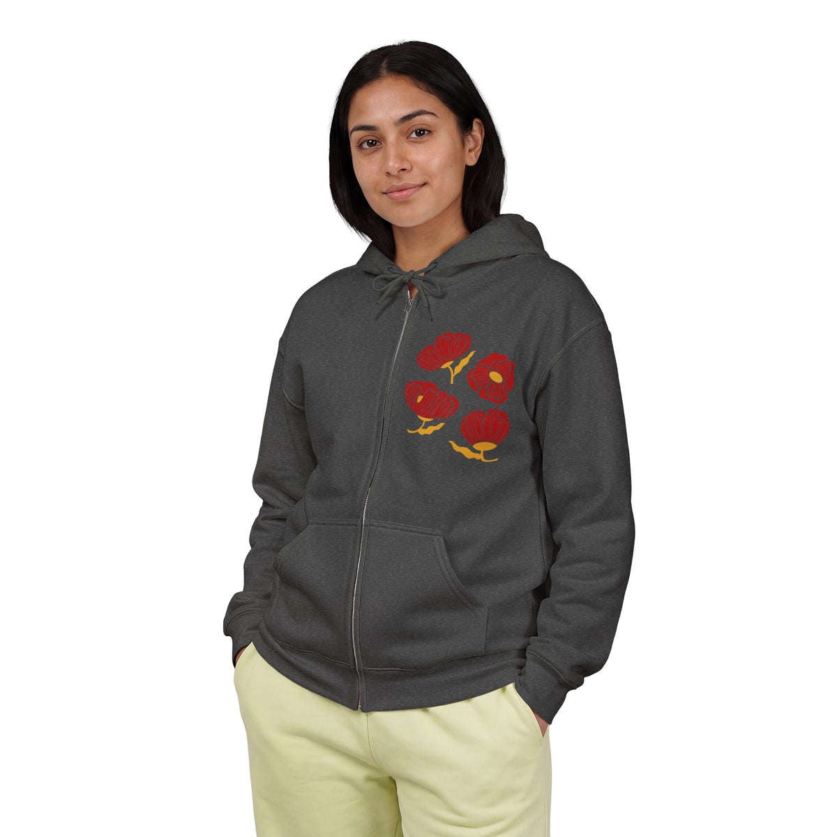 Slightly Subtle Red Poppy Floral design Zip Hoodie | Poppy Flowers jacket