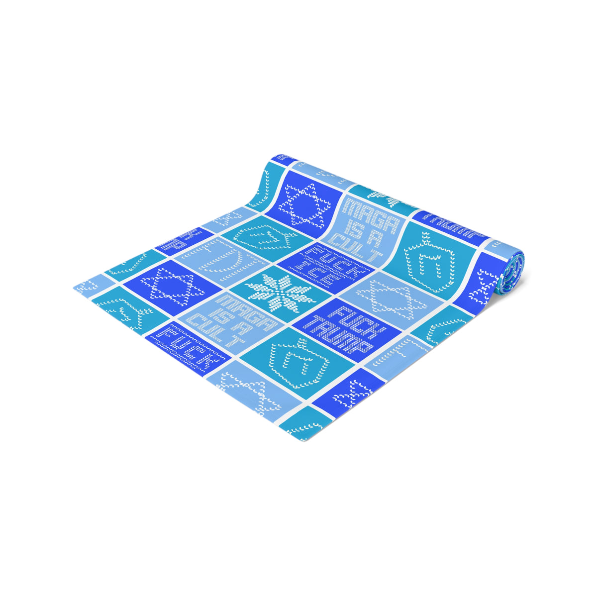 Hanukkah FDT Dreidel Patchwork Checkered Blue Winter Table Runner