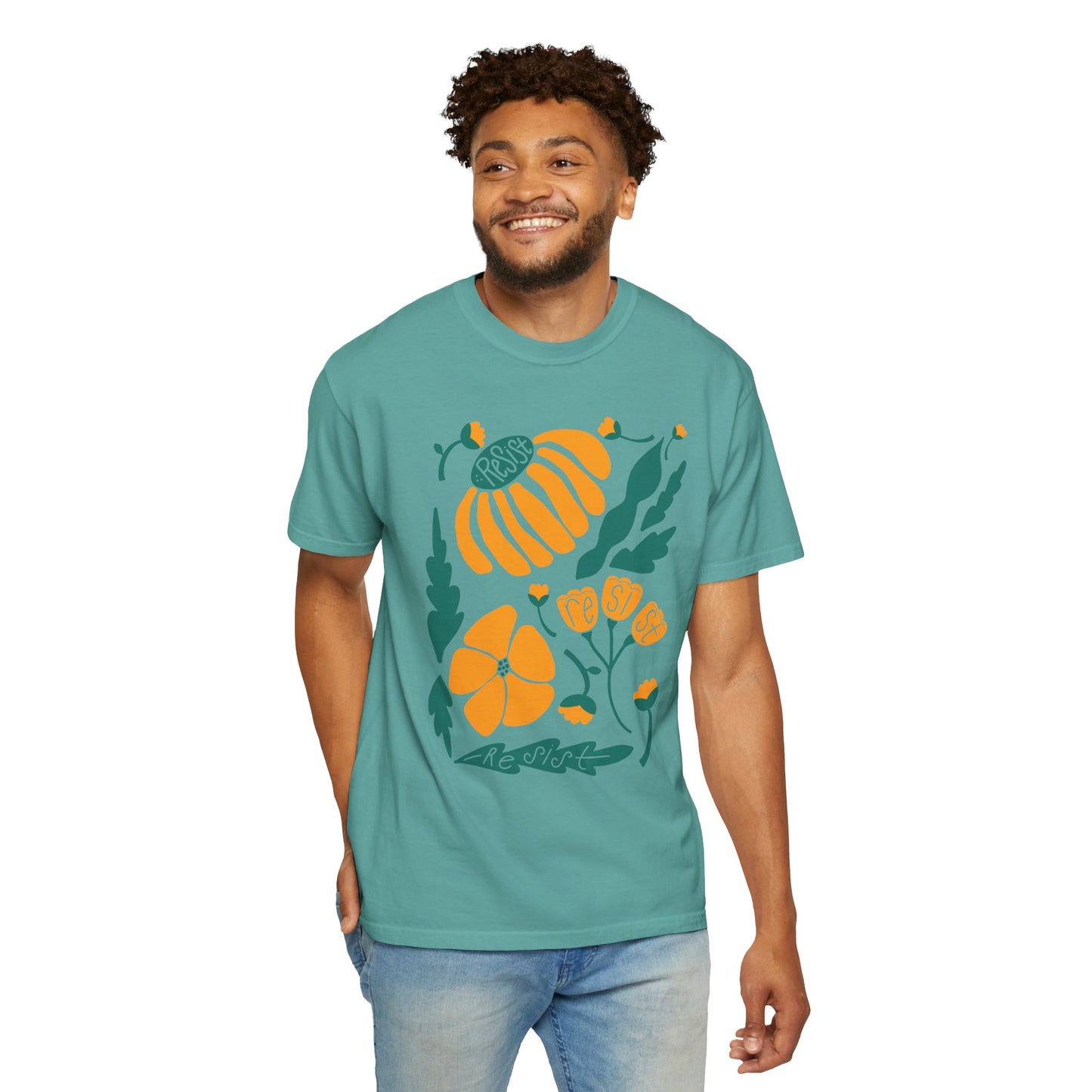 Floral Resist Tee — Retro Orange & Green Autumn Graphic T-Shirt