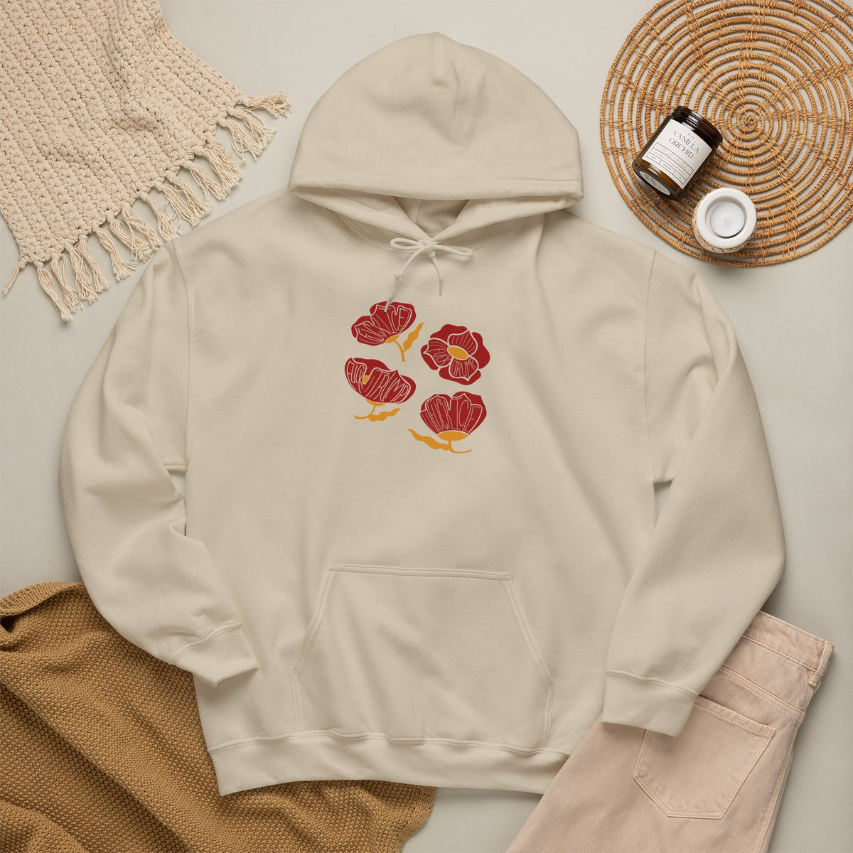 Slightly Subtle Red Poppy Flowers Hoodie | Floral Illustration, Minimal Line Art FDT