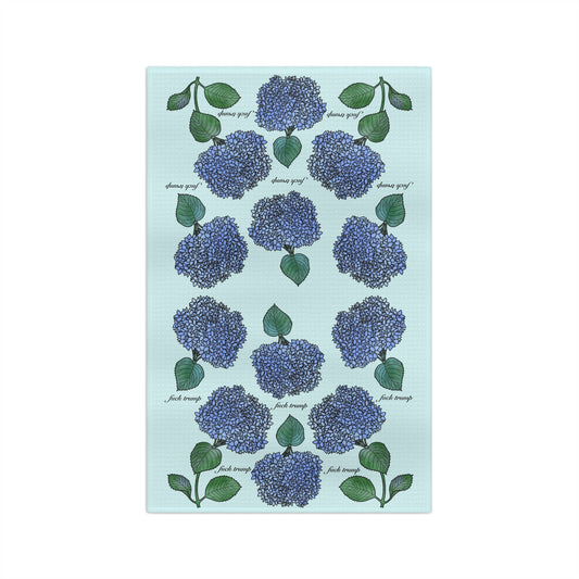 Hydrangea Blue Microfiber Tea Towel FDT Floral Kitchen Towel with "fresh snip" Script