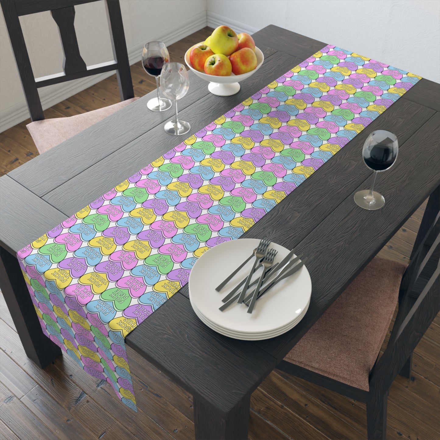 Slightly Subtle Conversation Heart Pattern Table Runner | Pastel Hearts Valentine’s Day Polyester