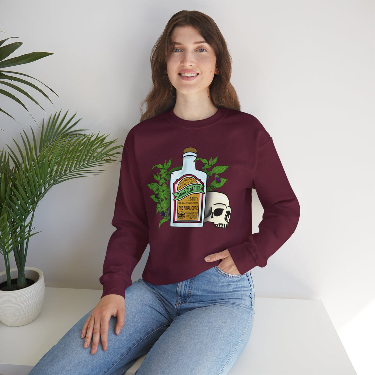 Crewneck Sweatshirt Aqua Tofana Apothecary Bottle & Skull Graphic