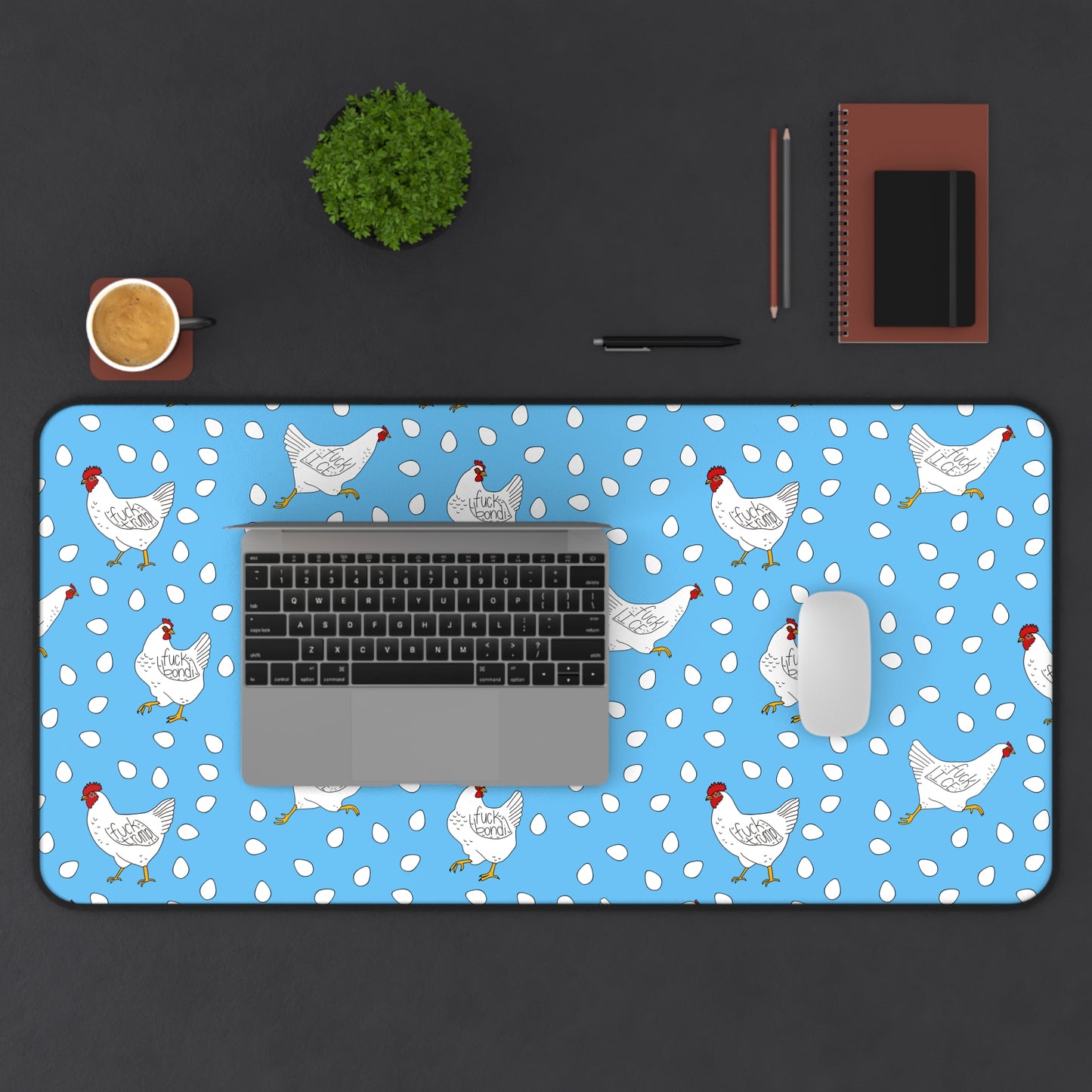 Slightly Subtle White Hen Pattern Desk Mat | Blue Chicken Eggs Pet Food Mat