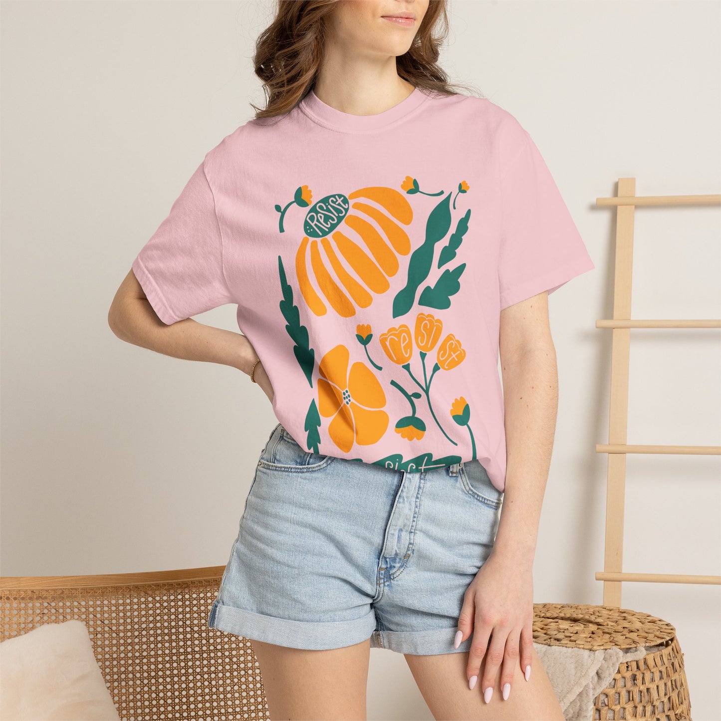 Floral Resist Tee — Retro Orange & Green Autumn Graphic T-Shirt