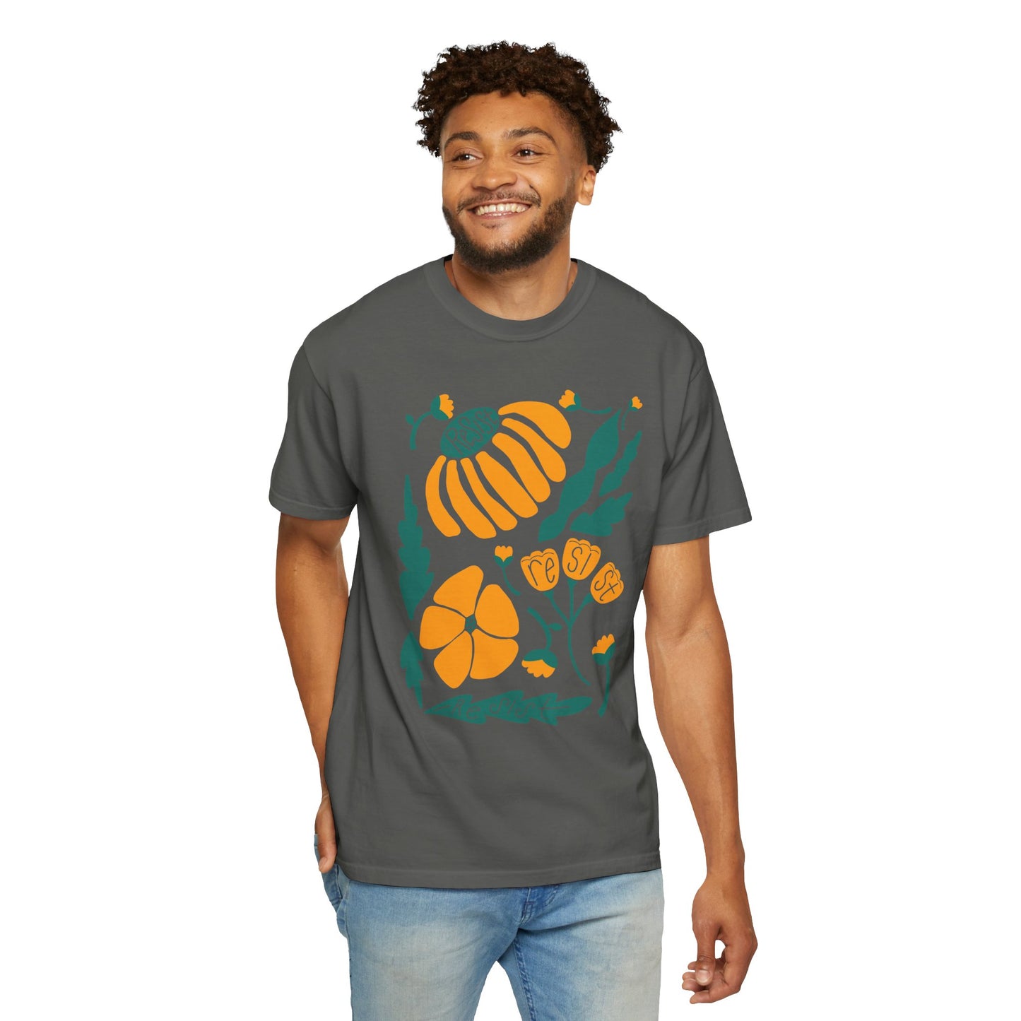 Floral Resist Tee — Retro Orange & Green Autumn Graphic T-Shirt