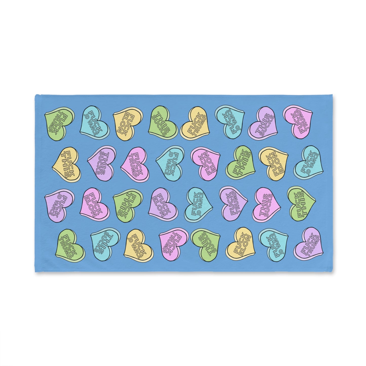 Slightly Subtle Conversation Hearts on Blue Hand Towel