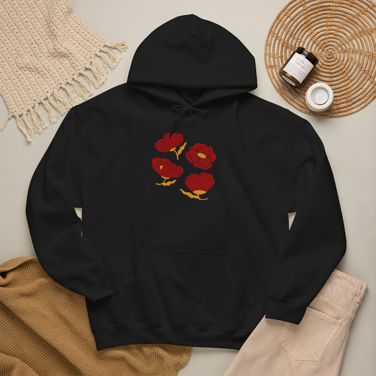 Slightly Subtle Red Poppy Flowers Hoodie | Floral Illustration, Minimal Line Art FDT