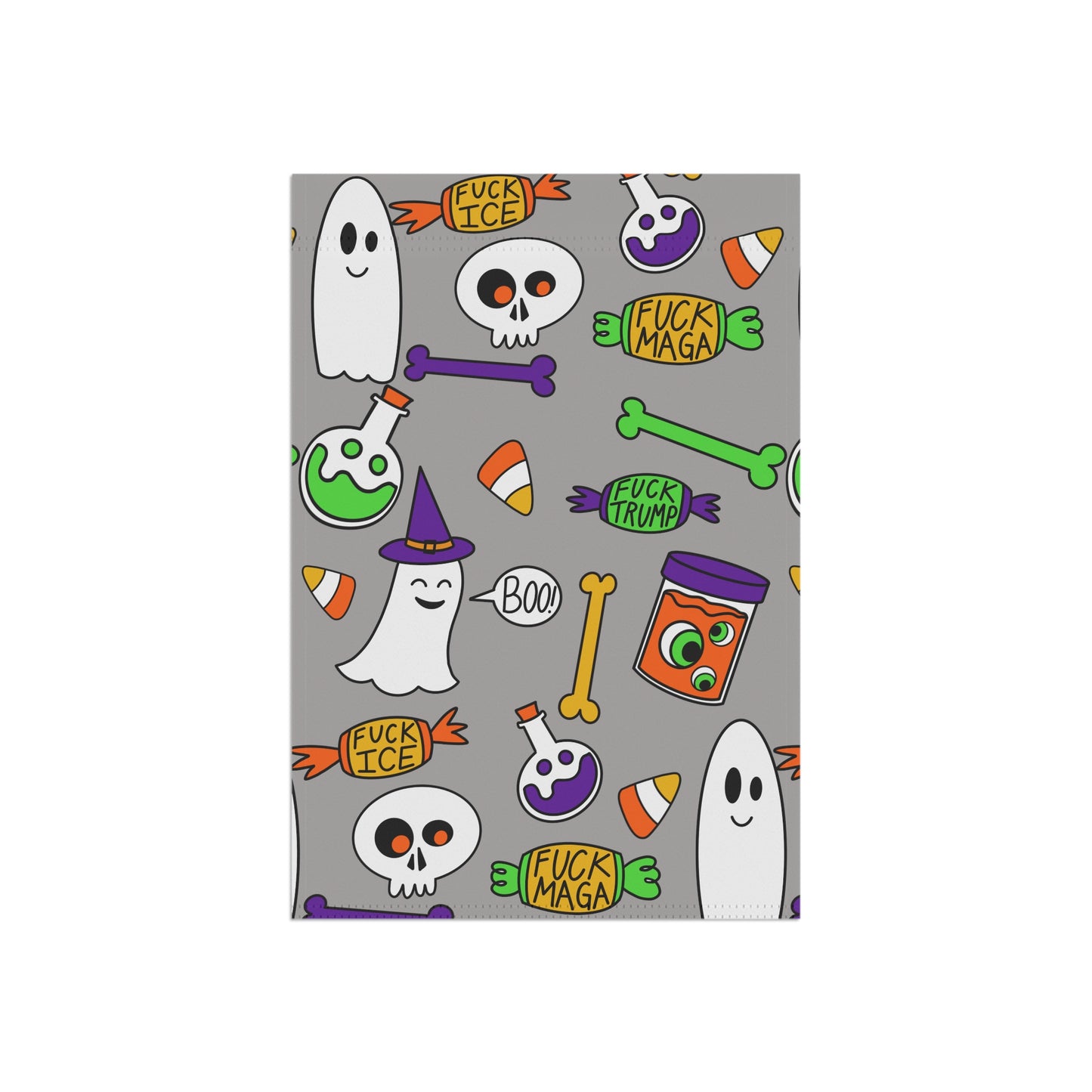 Halloween Political Garden Flag – Ghosts, Skulls & 'F**k Trump' Candy Pattern