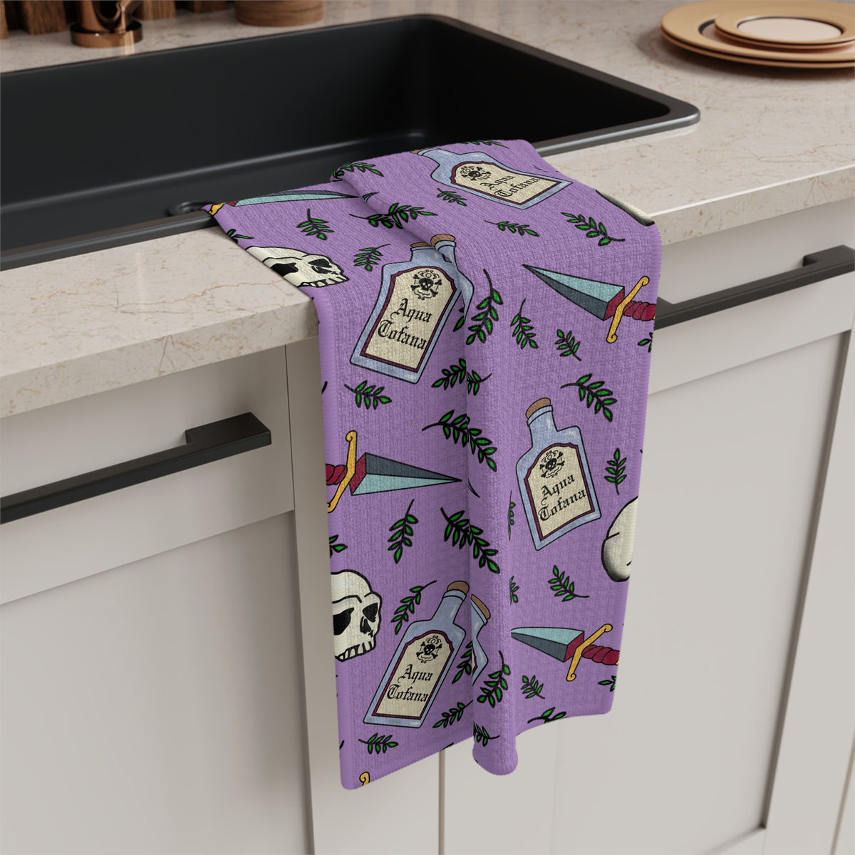 Aqua Tofana Witchy Potion & Skull Microfiber Tea Towel Gothic Halloween Kitchen Decor