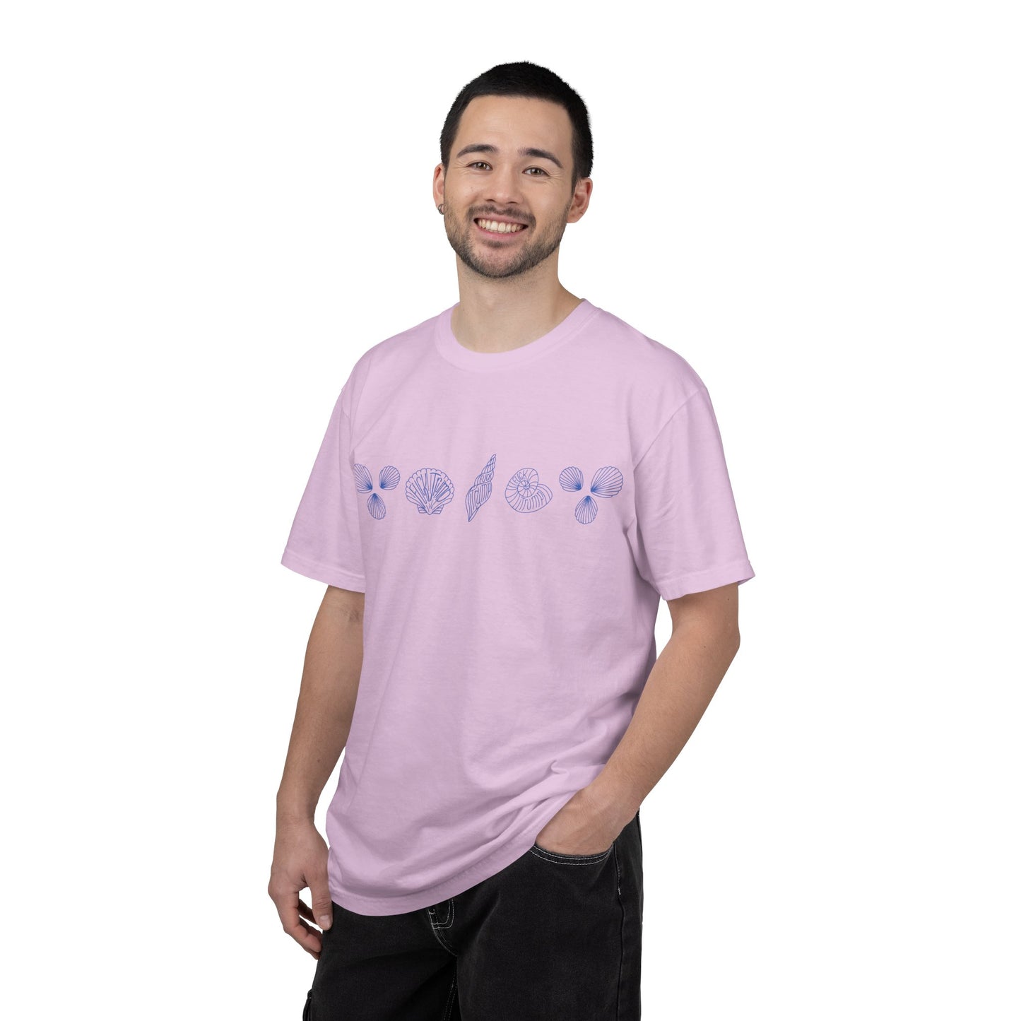 Slightly Subtle Blue Seashell Line Art T-Shirt | Minimal Coastal Doodle Prints FDT