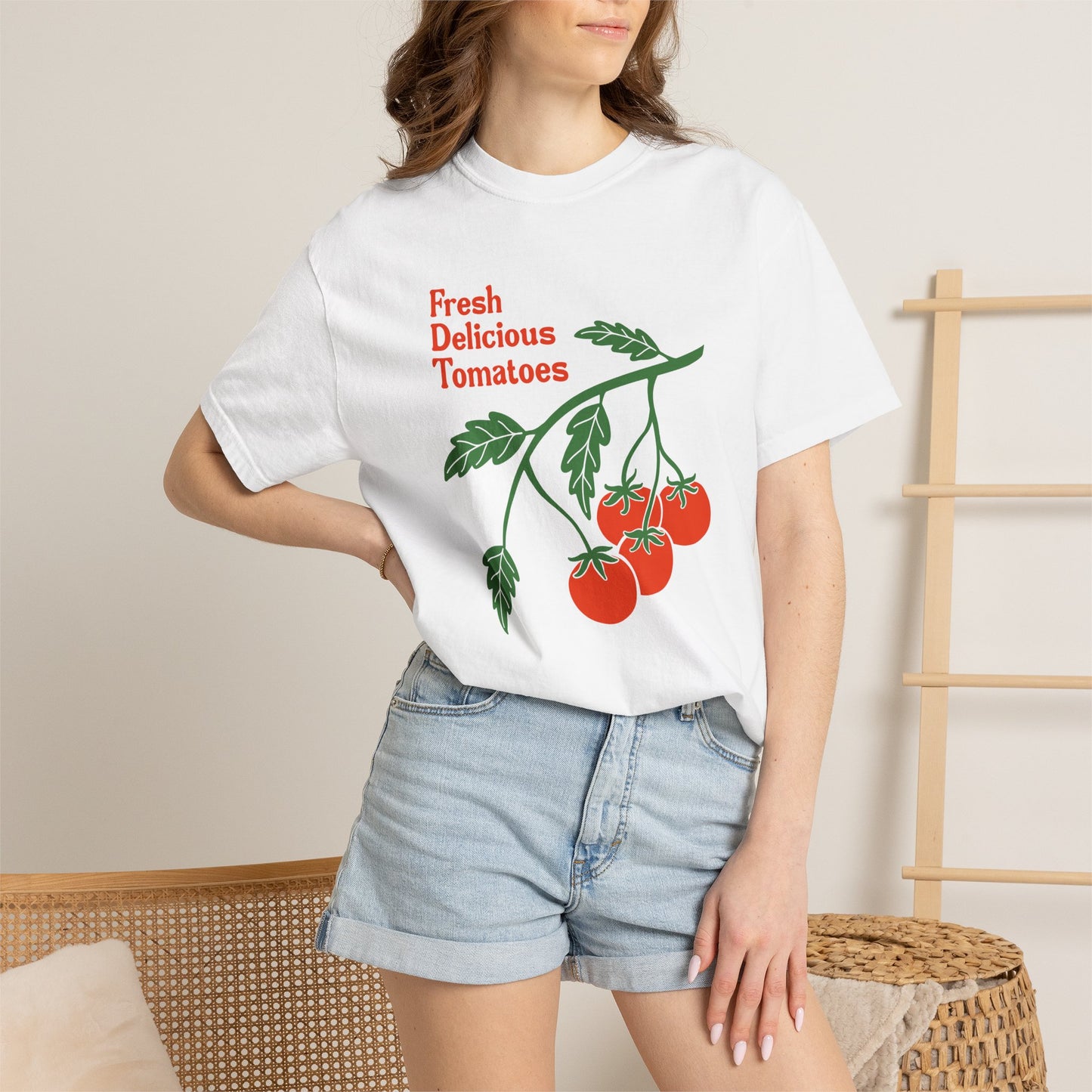 Fresh Delicious Tomatoes T-Shirt | Tomato Vine Illustration, Red Green Produce Tee FDT