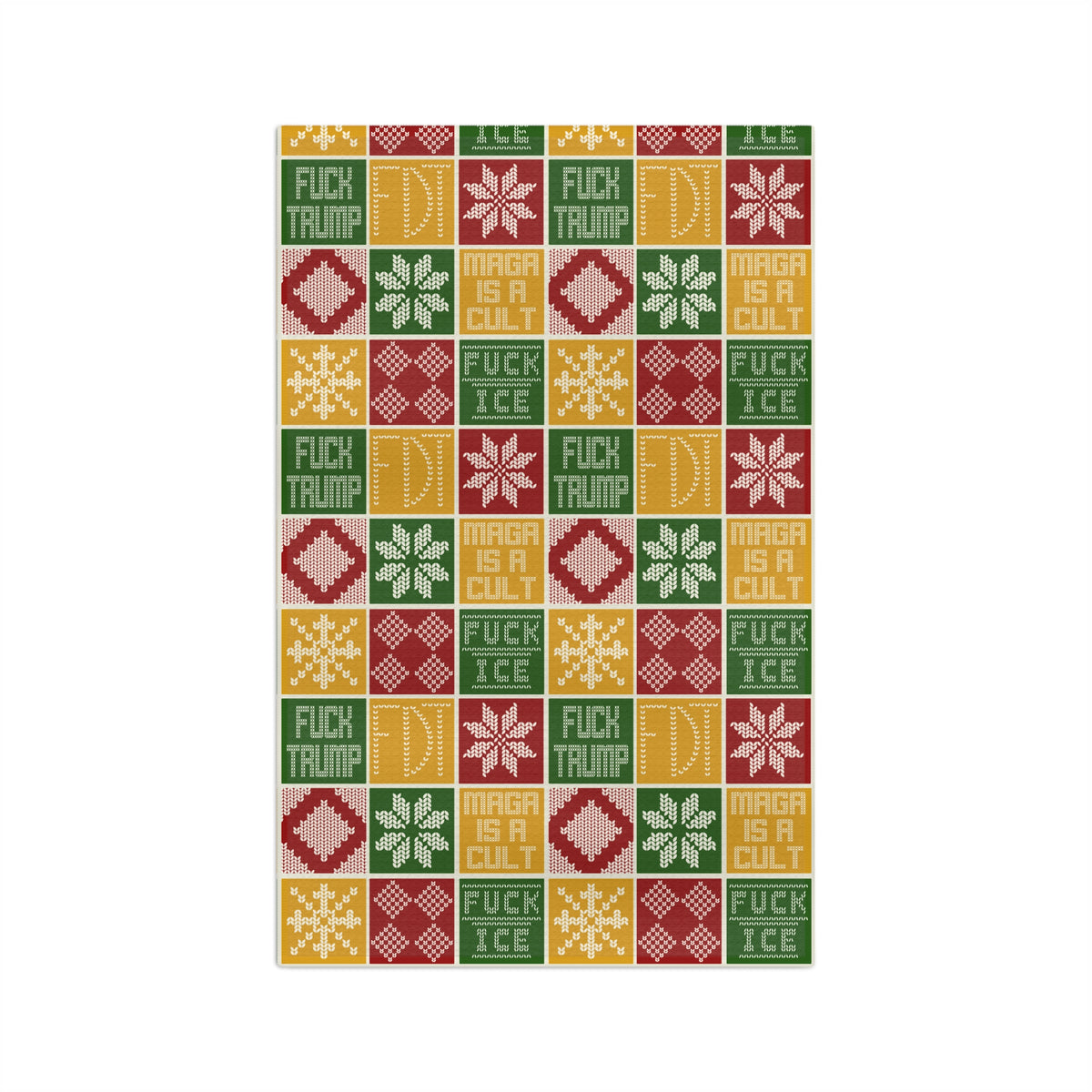 Political Holiday Tea Towel  Festive Knit Pattern with ‘MAGA Is a Cult’ FDT ice out
