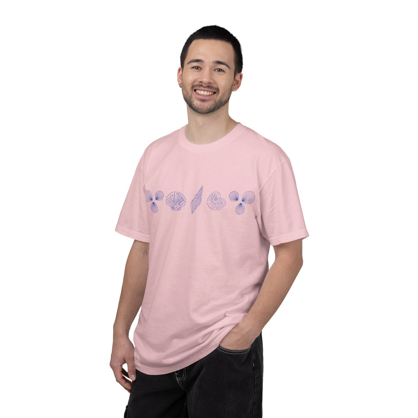 Slightly Subtle Blue Seashell Line Art T-Shirt | Minimal Coastal Doodle Prints FDT