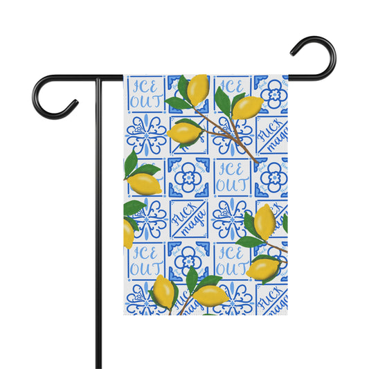 Amalfi Lemon Blue Tile Wreath Garden Flag | Mediterranean Decor House Banner