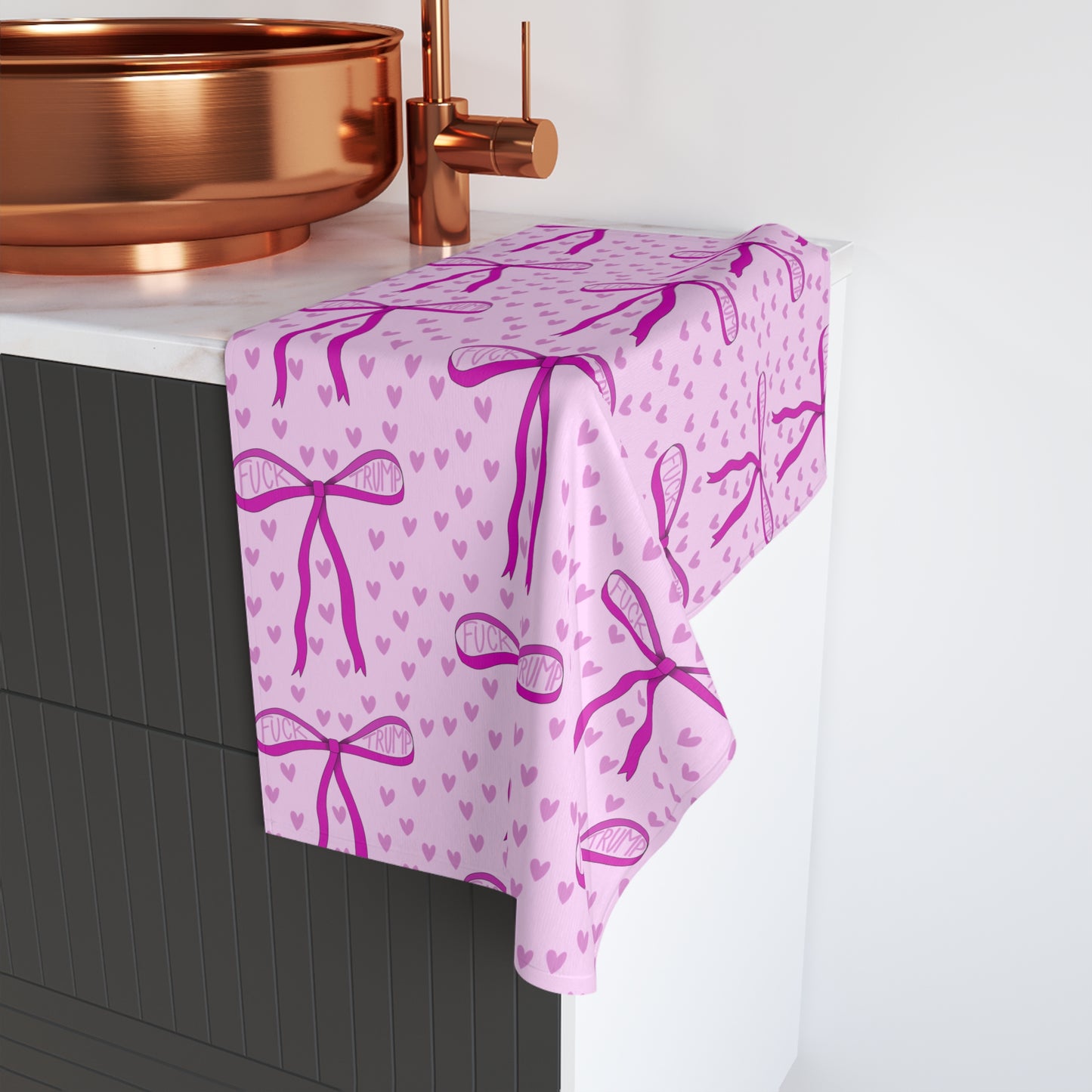 Slightly Subtle Pink Bow Pattern Hand Towel | Hearts, Cute Ribbon Design Valentines Day Gift