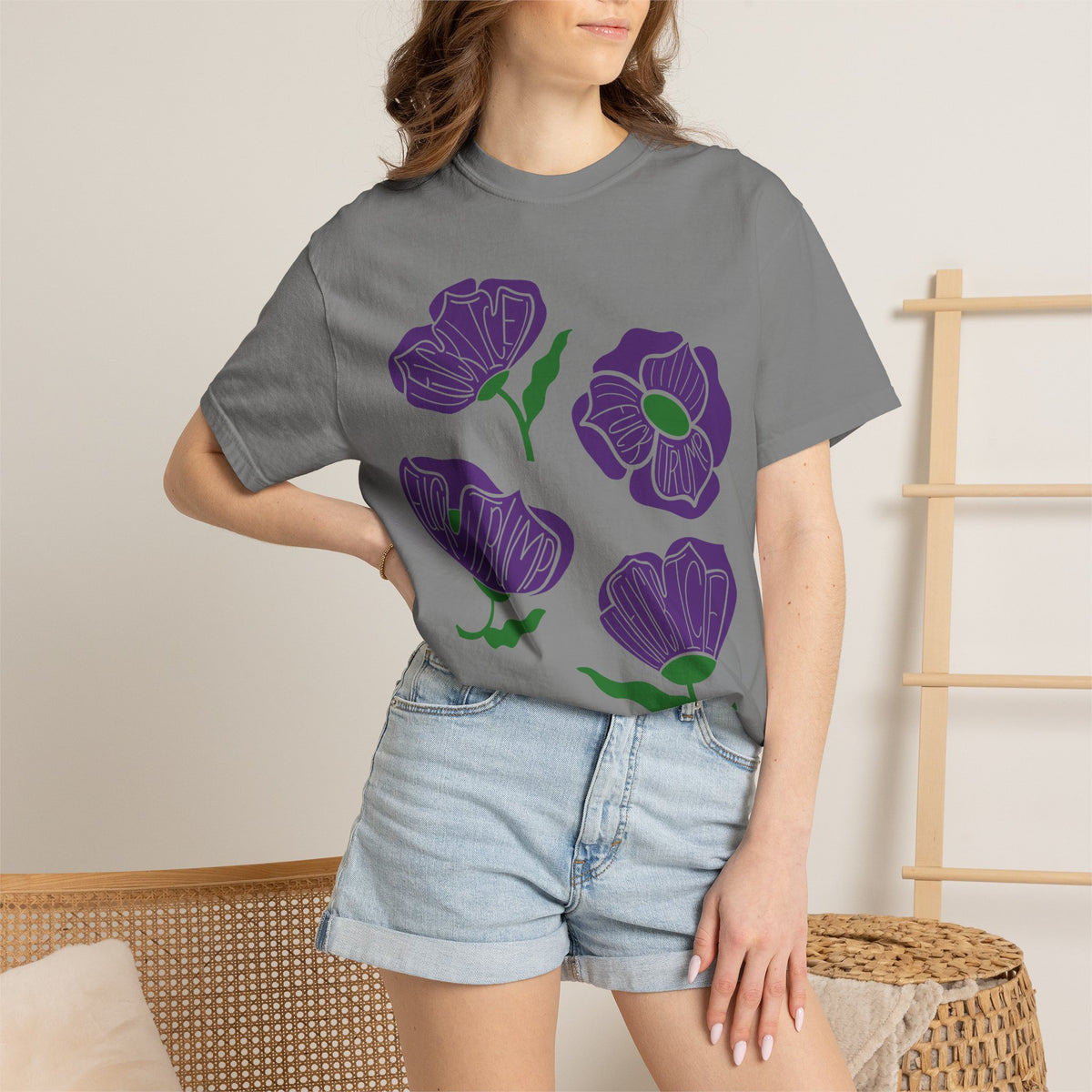 Slightly Subtle Purple Poppy Floral Print T-shirt | Hand-Drawn Flower Illustration FDT