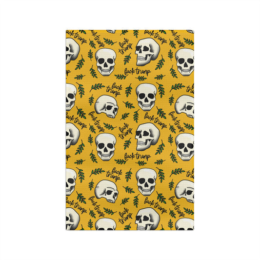 Slightly Subtle Skull Pattern with Leaves microfiber tea towel | Halloween spooky kitchen decor yellow
