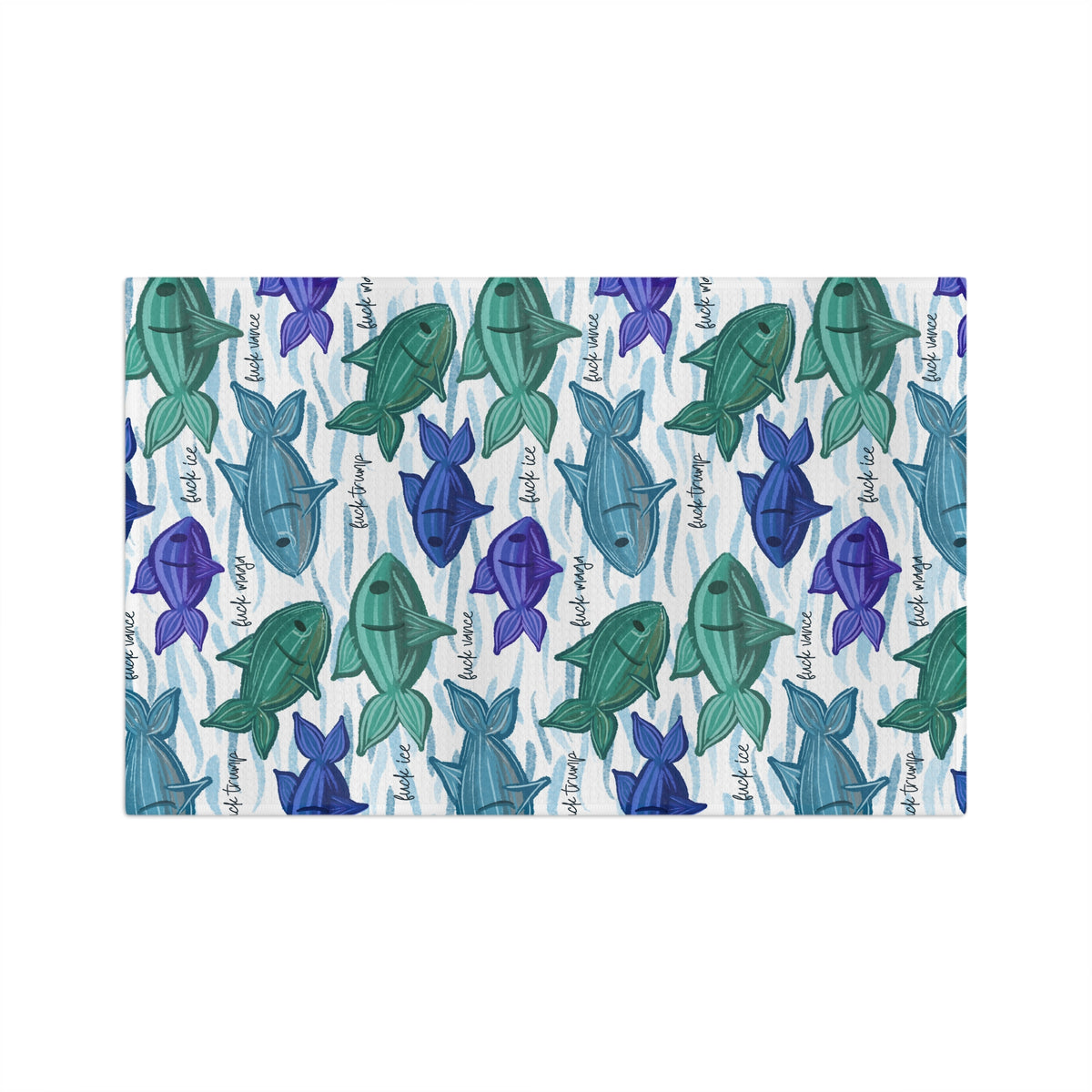 Painterly Fish Pattern Microfiber Tea Towel Blue & Green Coastal Kitchen Linen