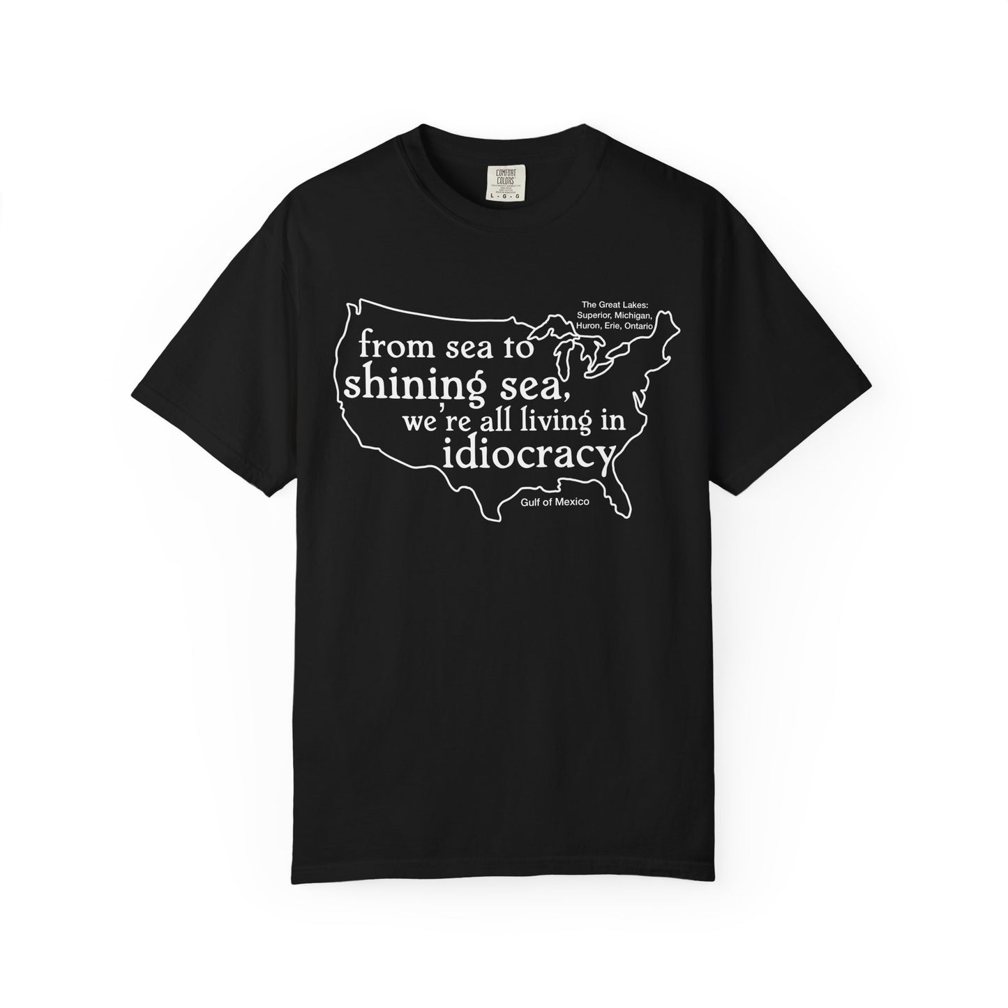 Idiocracy Map T-Shirt  'From sea to shining sea we are living in idiocracy' Minimal Political Tee Great Lakes Gulf of Mexico
