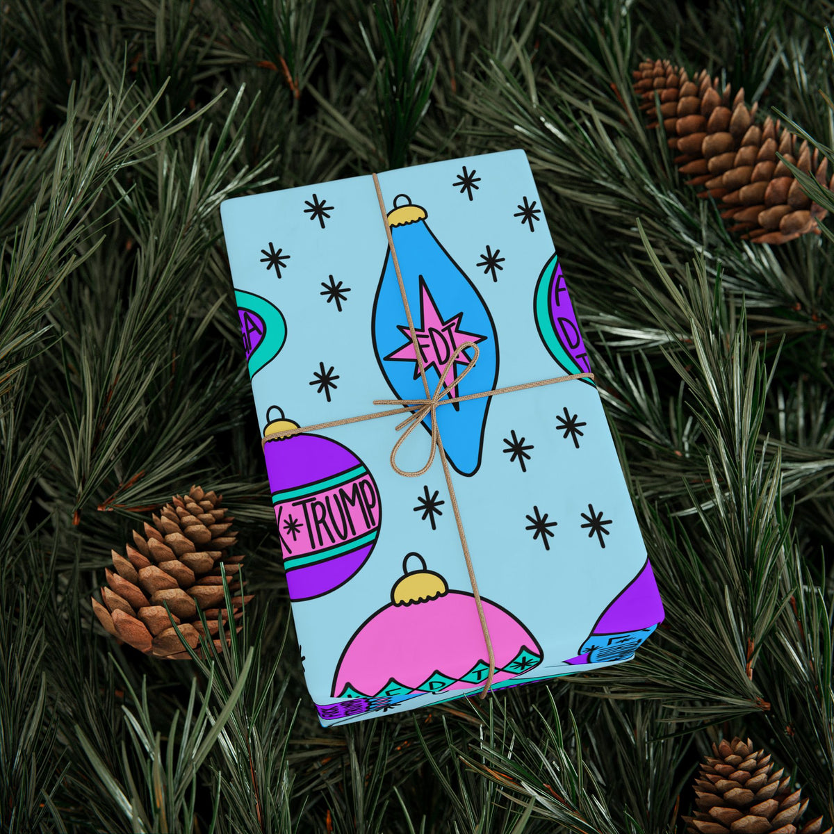 Slightly Subtle Retro Ornament Pattern Blue FDT Wrapping Paper | Blue Pink Holiday Wrap