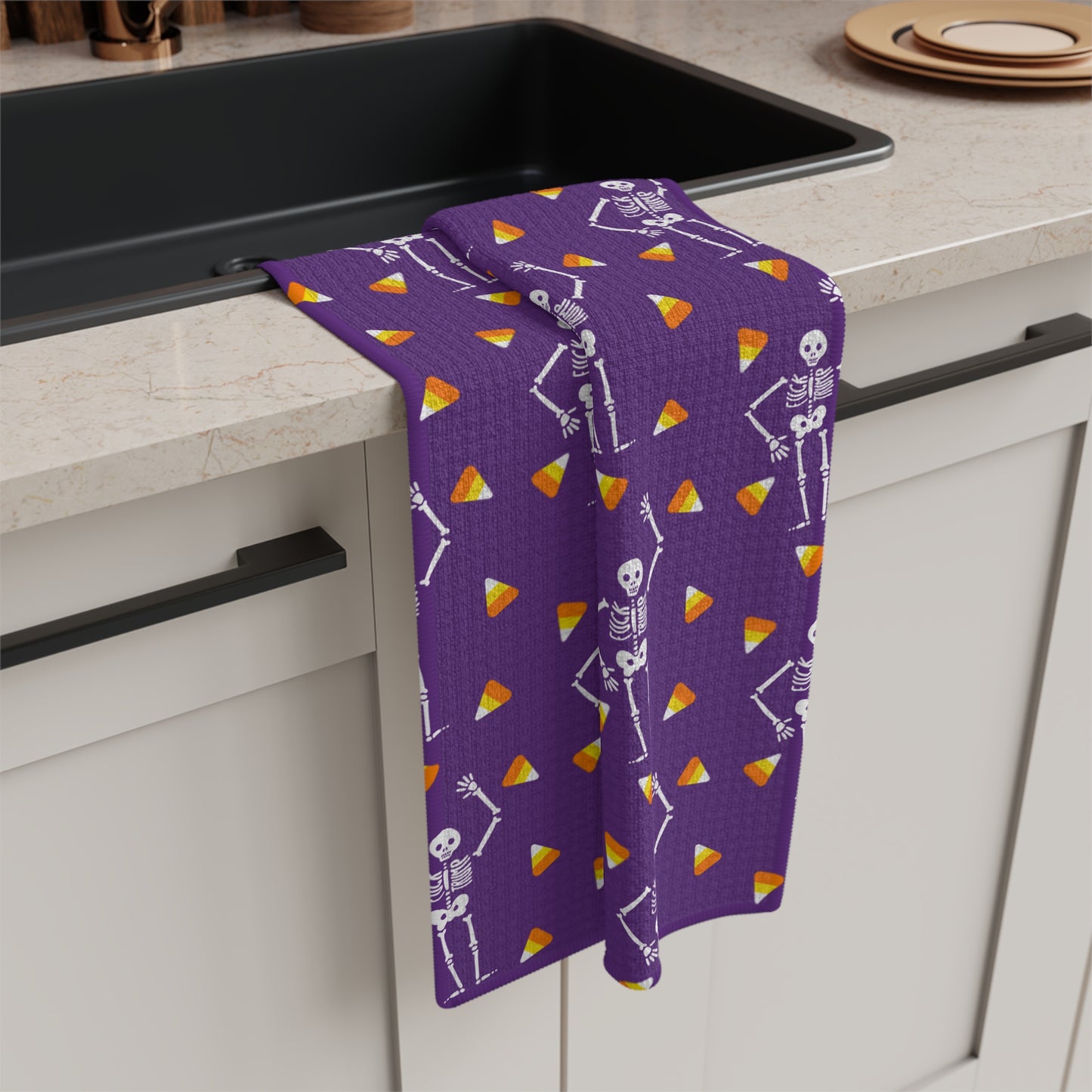 Halloween Skeleton & Candy Corn Microfiber Tea Towel purple