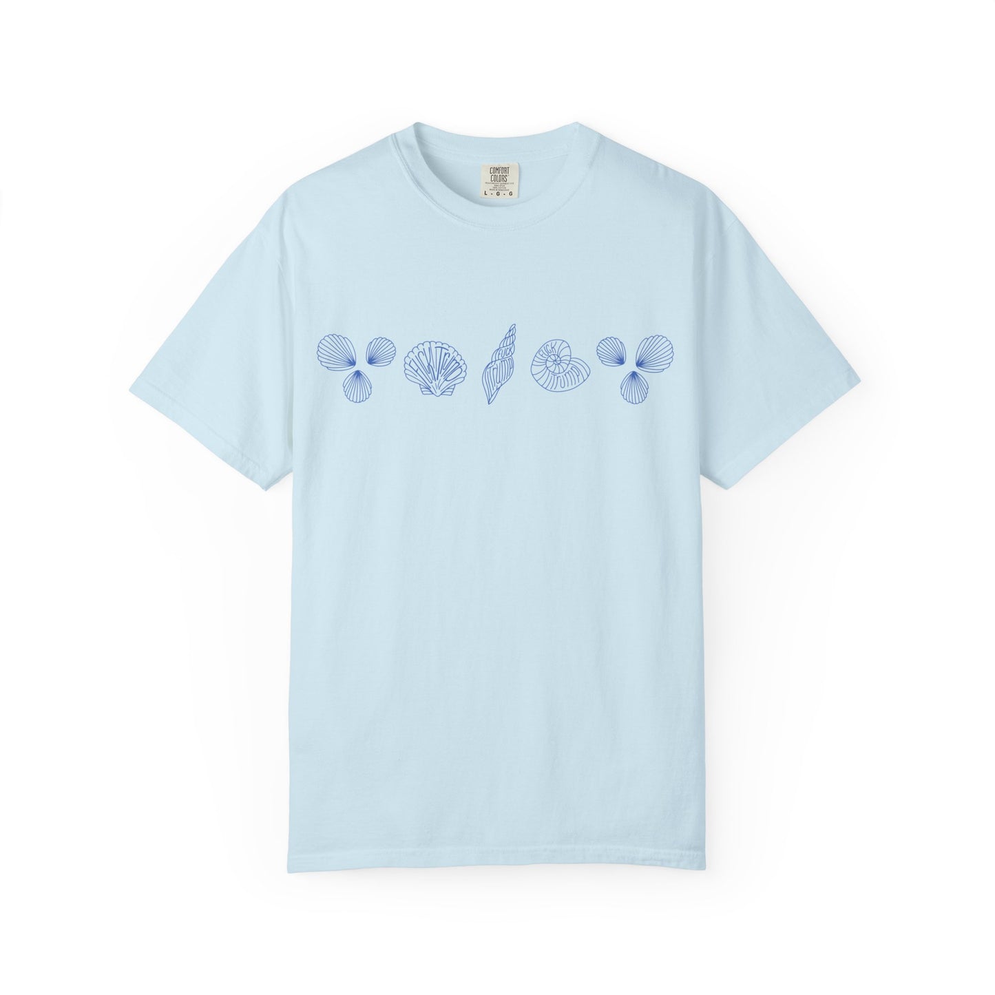 Slightly Subtle Blue Seashell Line Art T-Shirt | Minimal Coastal Doodle Prints FDT