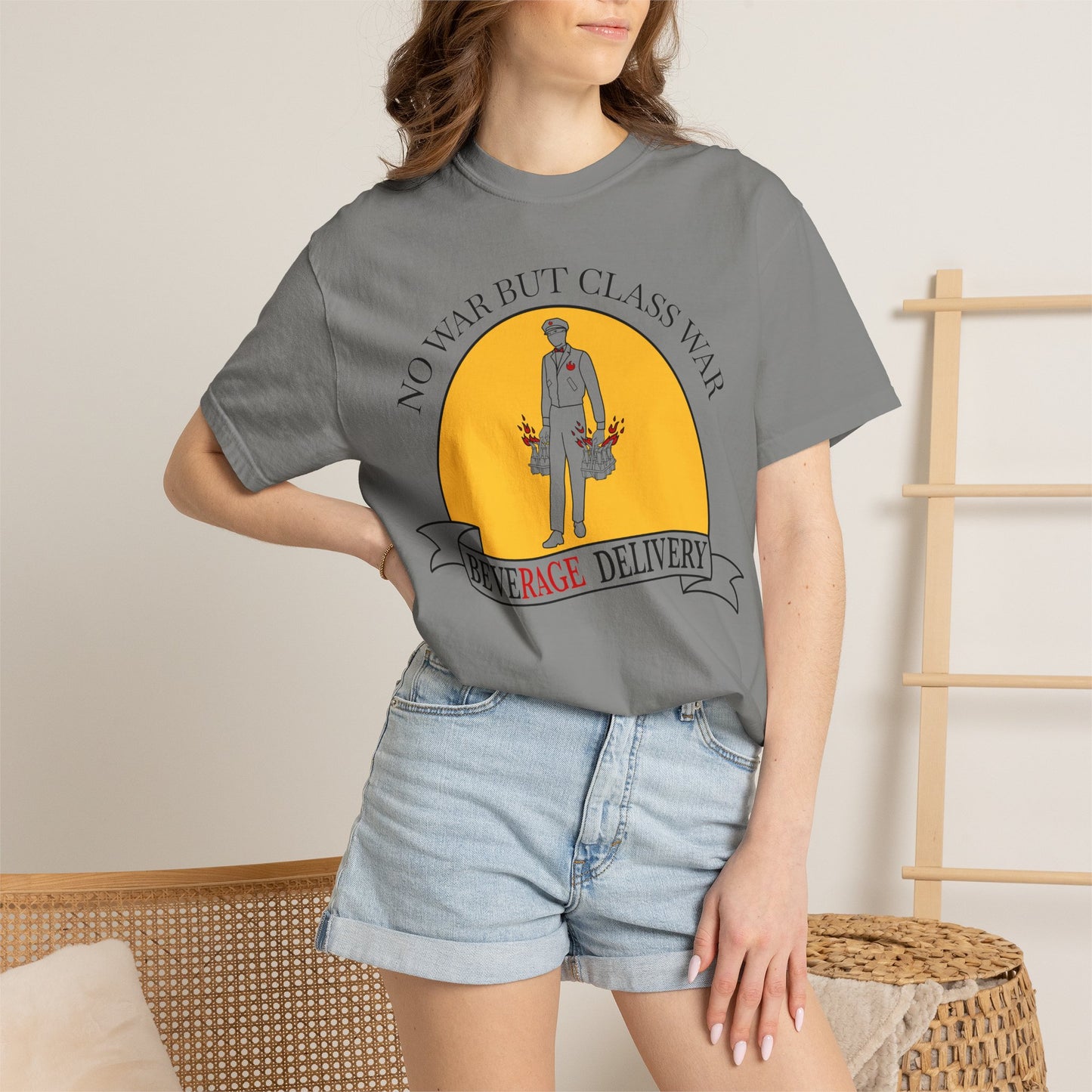 No War But Class War Beverage Delivery T-shirt | Delivery Worker Illustration