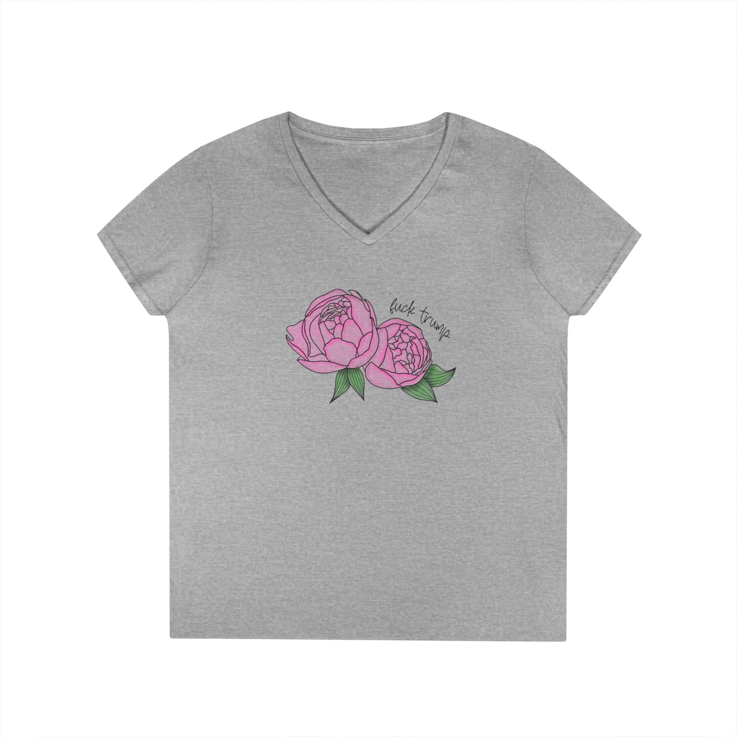 Pink Peony Illustration Ladies V-Neck Tee | Hand-Drawn Floral FDT