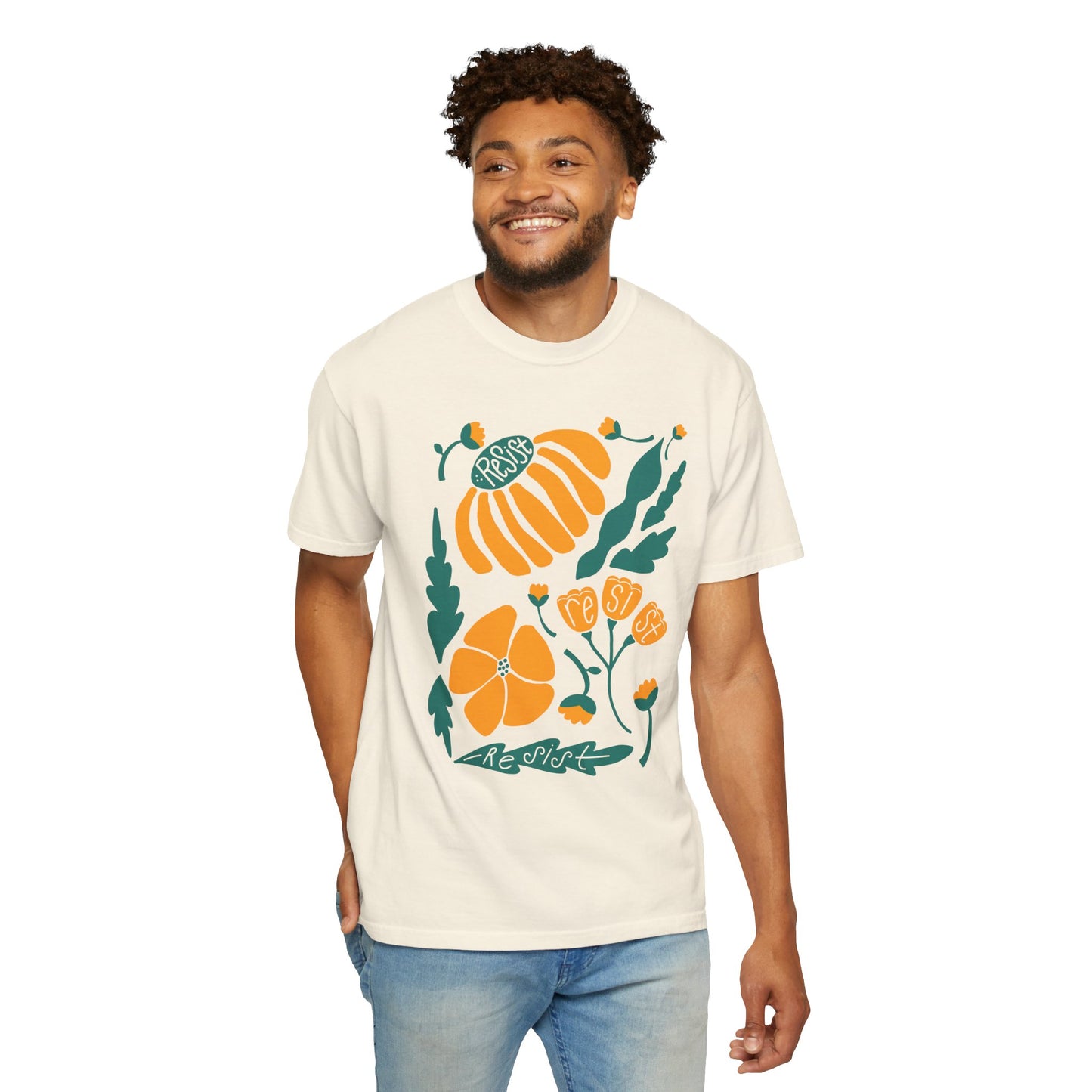 Floral Resist Tee — Retro Orange & Green Autumn Graphic T-Shirt
