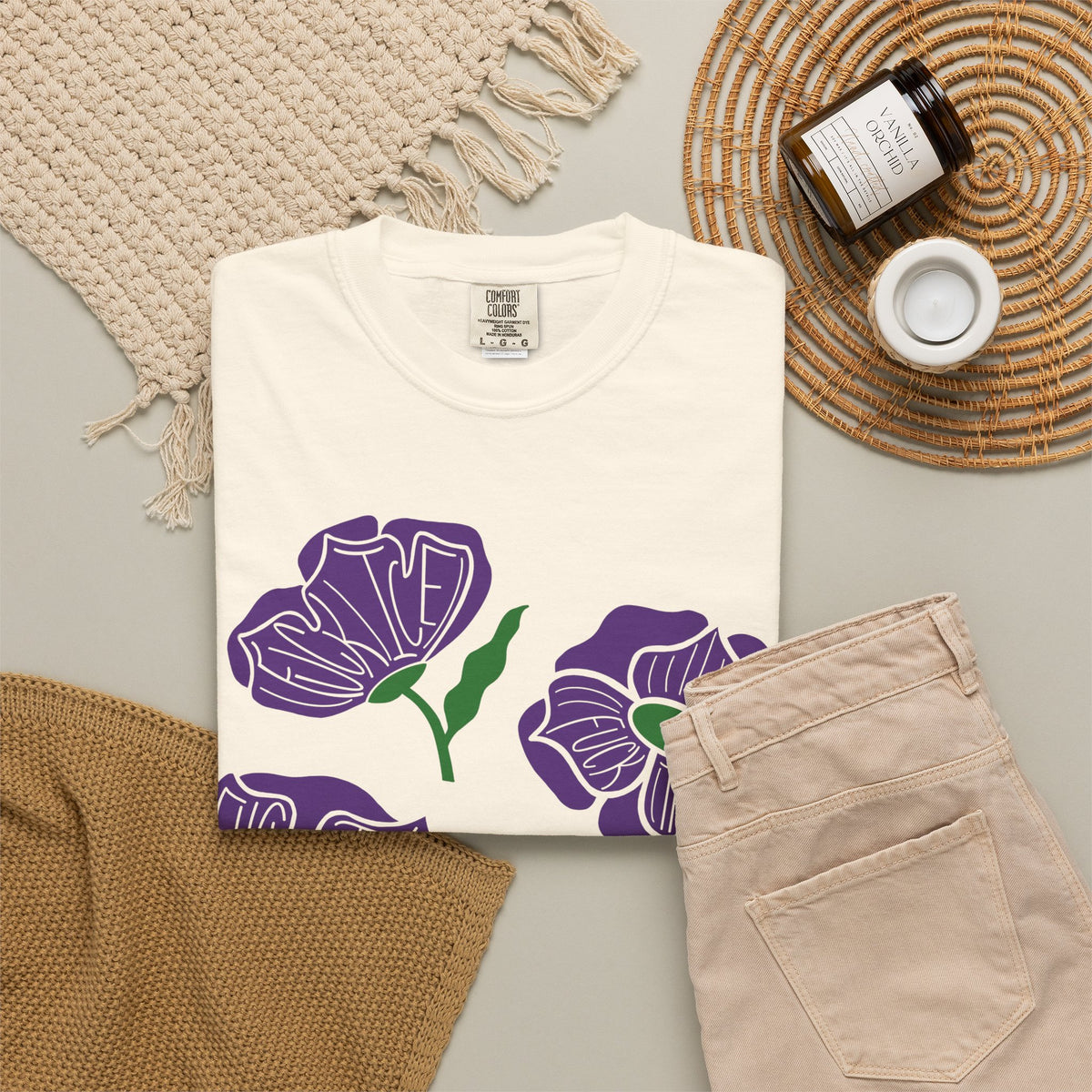 Slightly Subtle Purple Poppy Floral Print T-shirt | Hand-Drawn Flower Illustration FDT