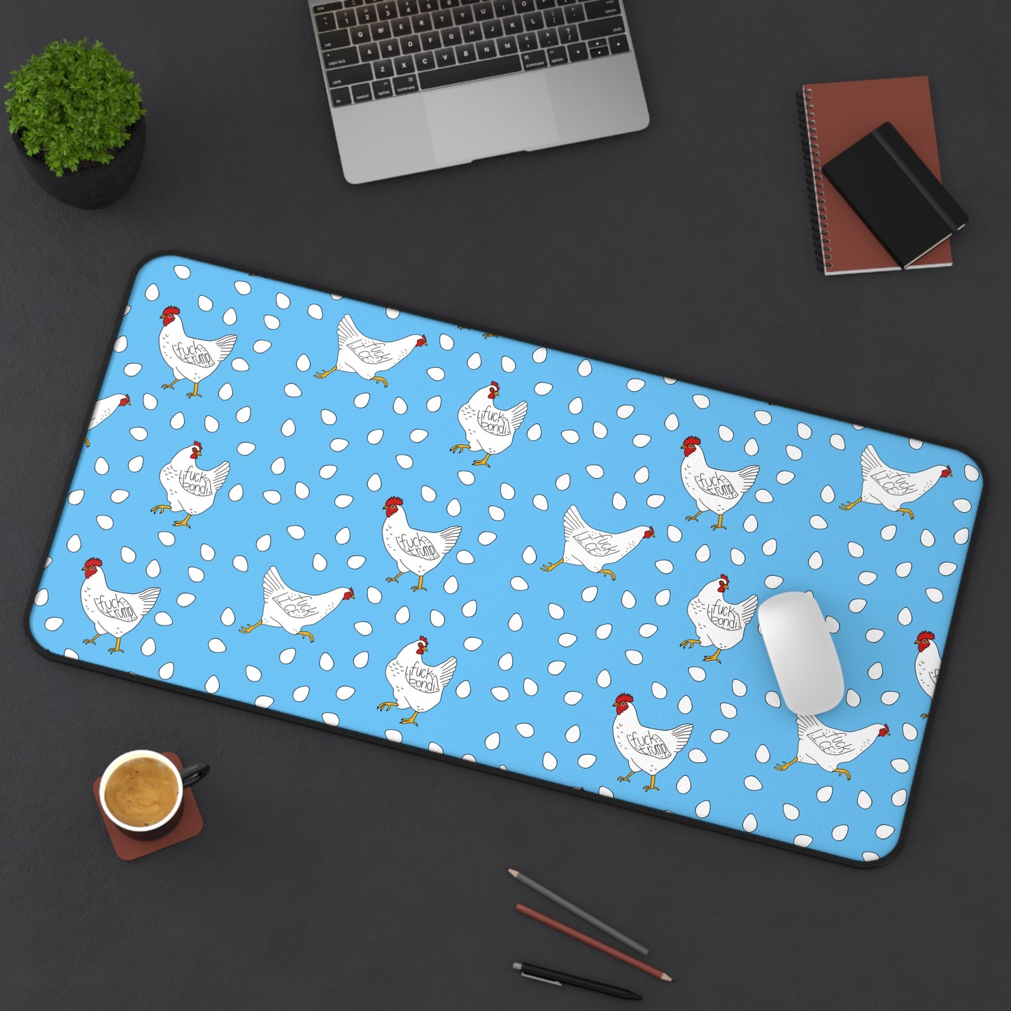 Slightly Subtle White Hen Pattern Desk Mat | Blue Chicken Eggs Pet Food Mat