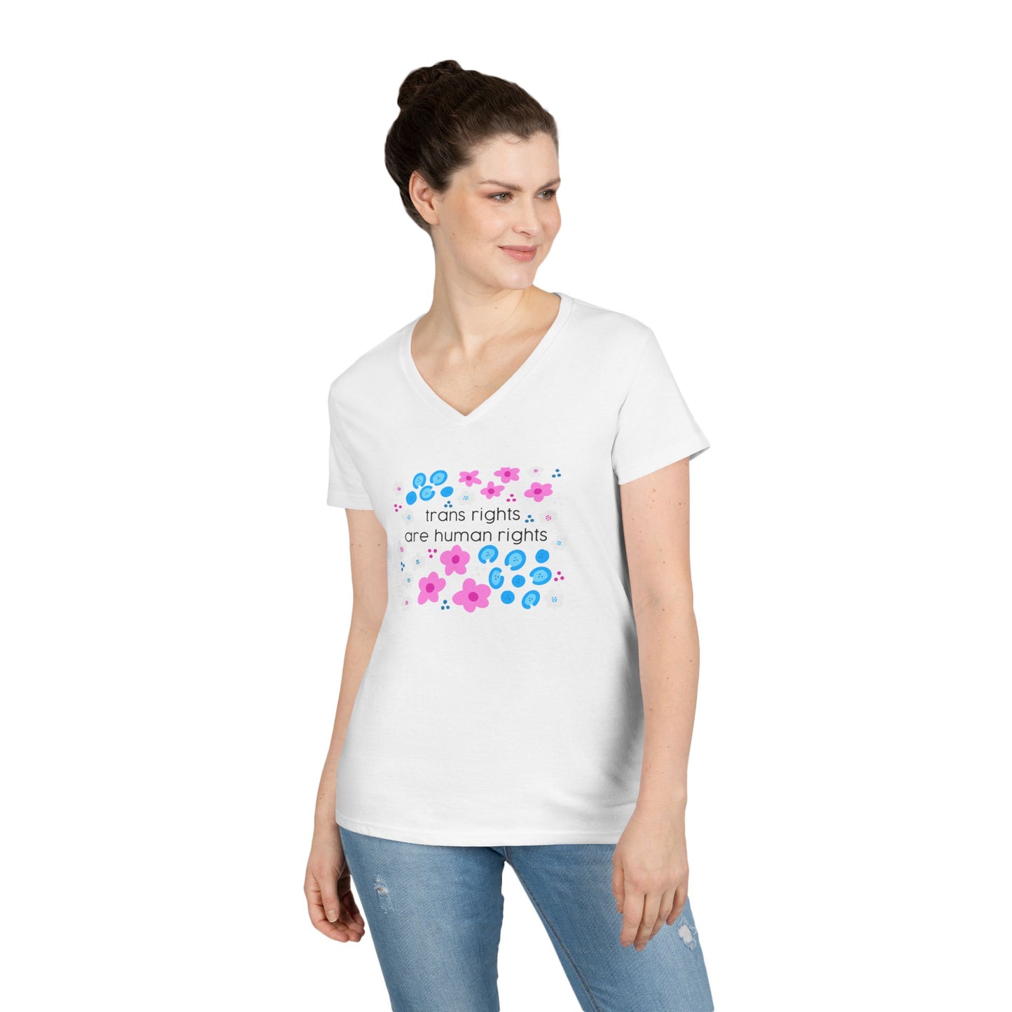 Trans Rights Are Human Rights T-Shirt | Floral Trans Pride Design v neck