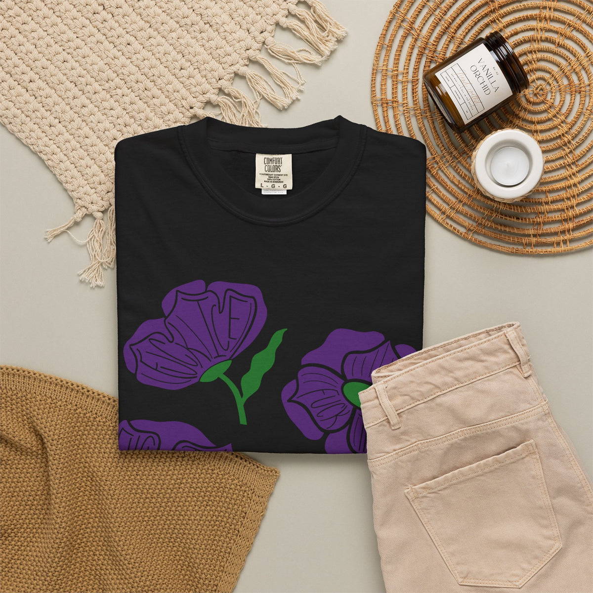 Slightly Subtle Purple Poppy Floral Print T-shirt | Hand-Drawn Flower Illustration FDT
