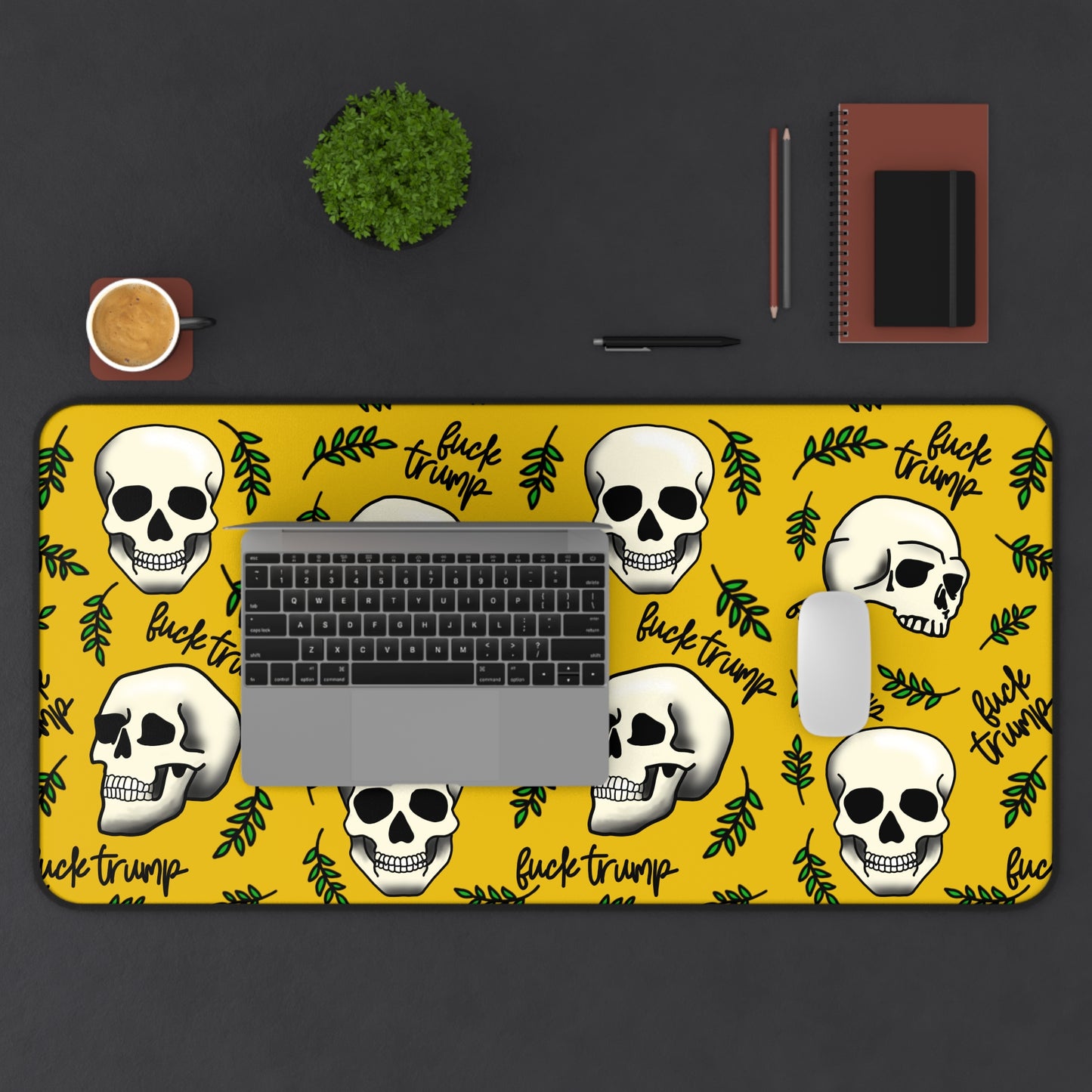 Slightly Subtle Skull Pattern Desk Mat | Skulls on Mustard Background Pet Mat