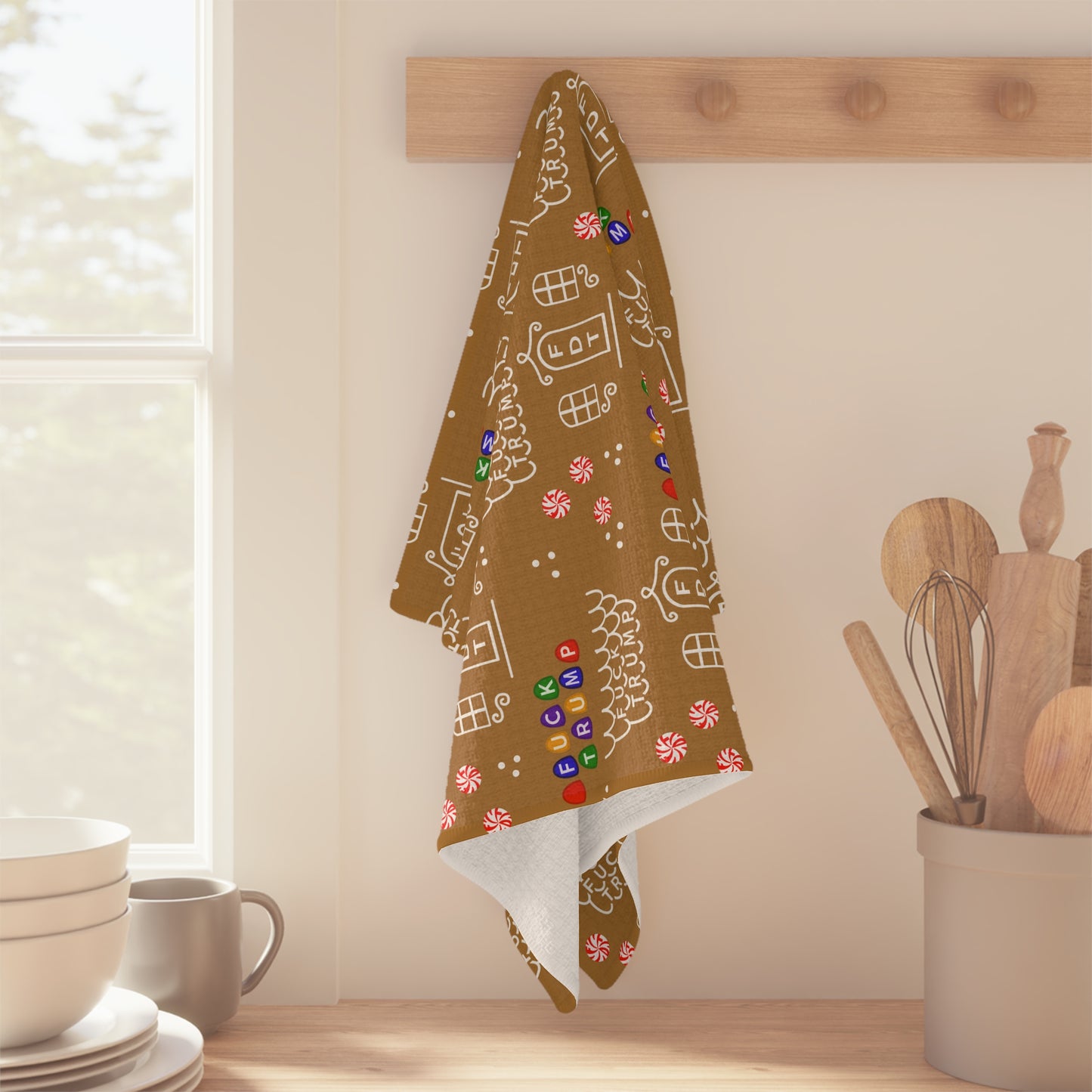 Gingerbread House Microfiber Tea Towel — Holiday Cookie Pattern