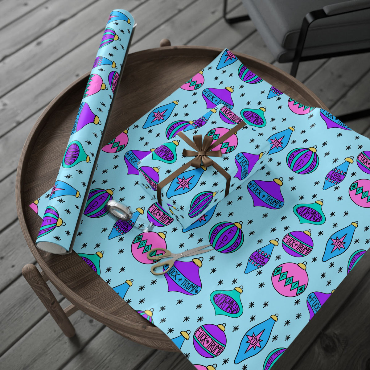 Slightly Subtle Retro Ornament Pattern Blue FDT Wrapping Paper | Blue Pink Holiday Wrap